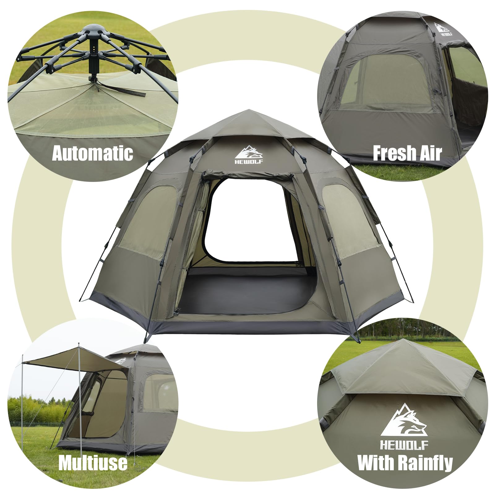 Hewolf 2/3/4 Person Camping Tent - Instant Pop Up Waterproof 2 Doors Tent With Easy Setup | 3-Season Hexagonal Dome Design For F