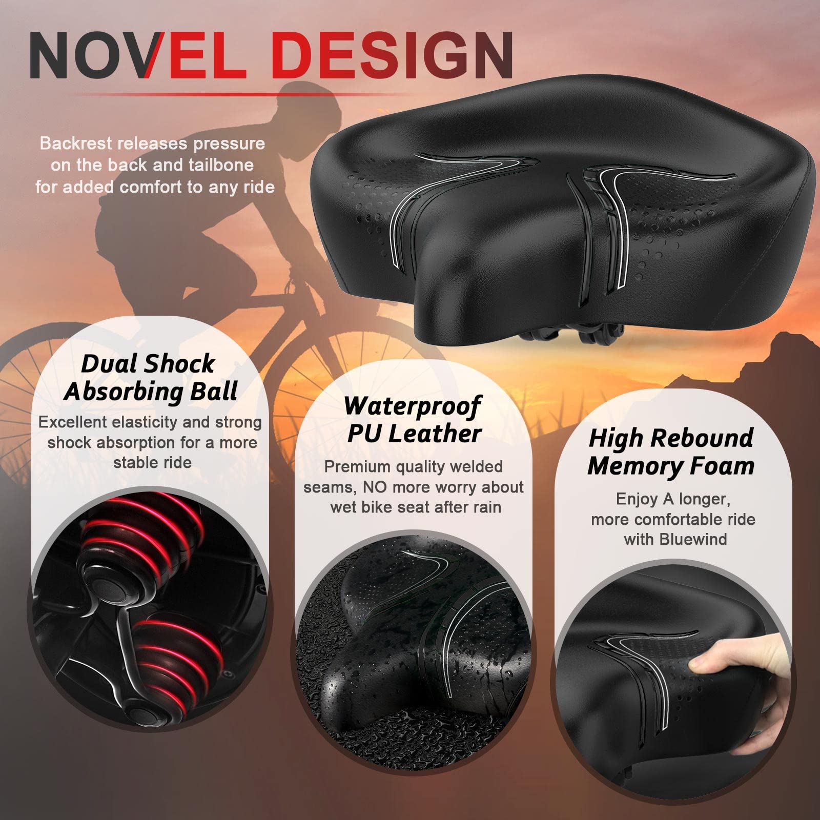 Bluewind Oversized Bike Seat, Wide Bicycle Saddle Novel Backrest Design For Electric Bike, Universal Fit Exercise Bike Or Road S