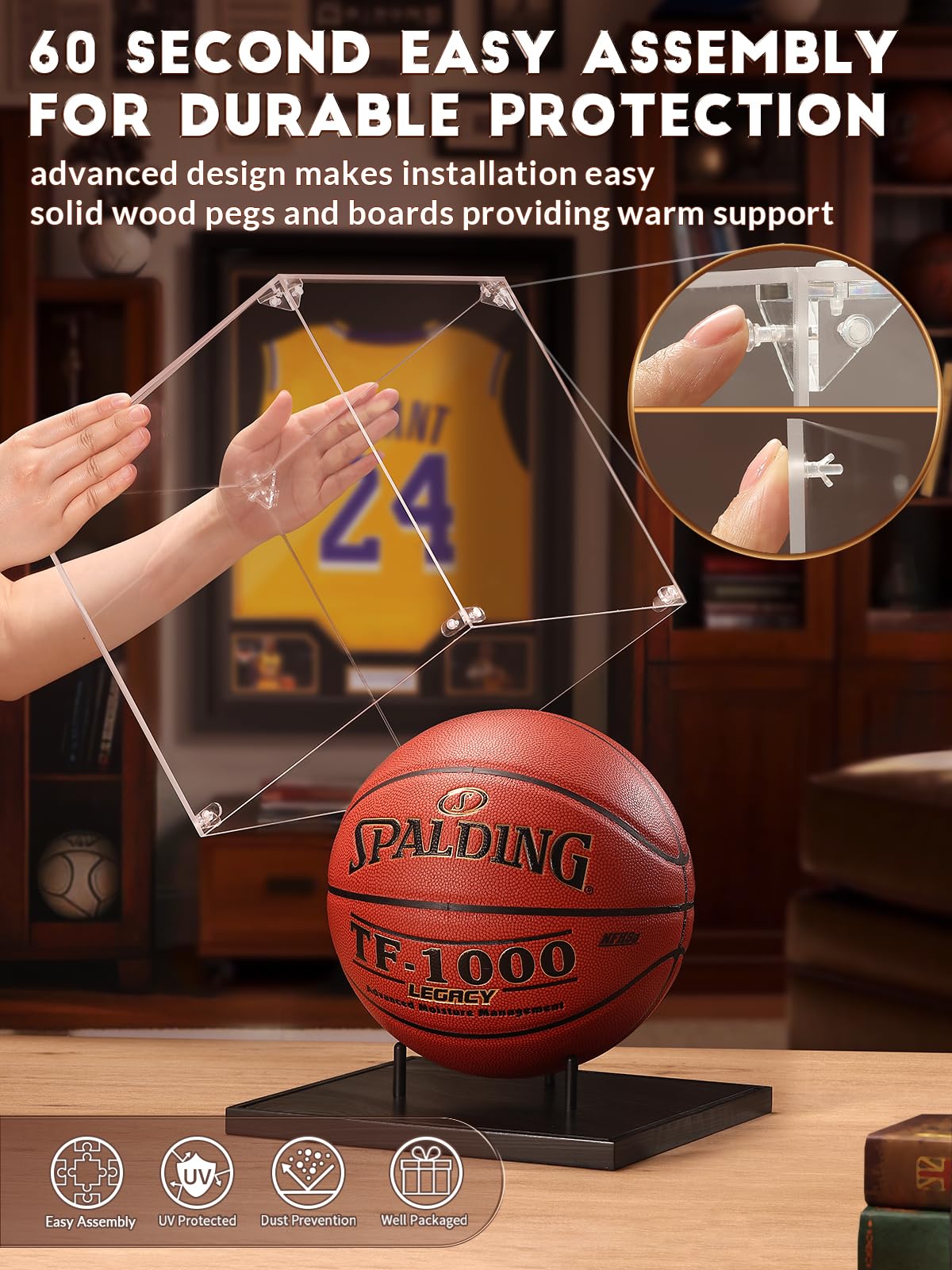 Jupdec Basketball Display Case Acrylic Clear 10'' Full Size With Solid Wood Base, Uv Protected Soccer Display Stand Box For Auto