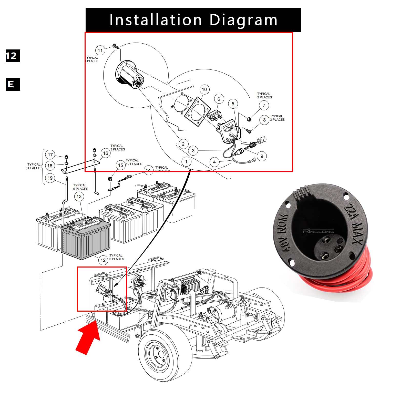 Drive-Up 48V Golf Cart Charger Receptacle Charger Plug For Club Car Ds 2004-2013 Models, Club Car Ds Charging Port With Cord Oem