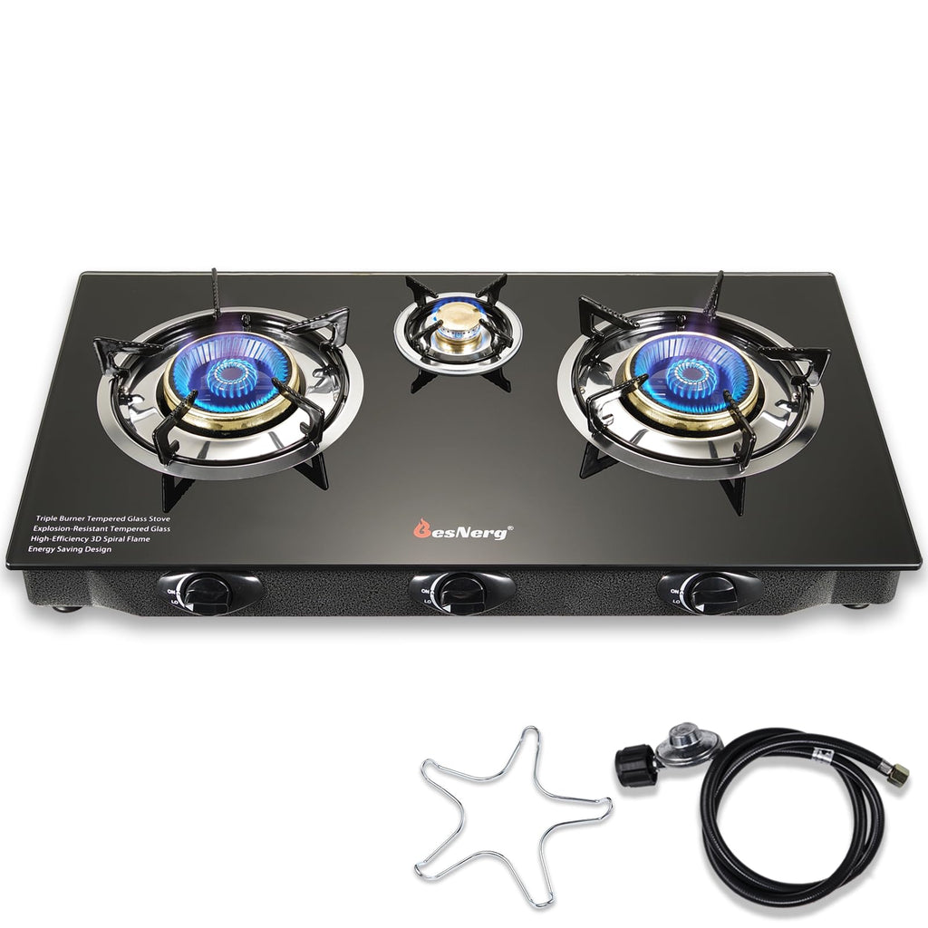 Besnerg Propane Stove 3 Burner Gas Stove, 34000 Btu High-Efficiency Auto Ignition Tempered Glass Lpg Cooktop With Csa Regulator