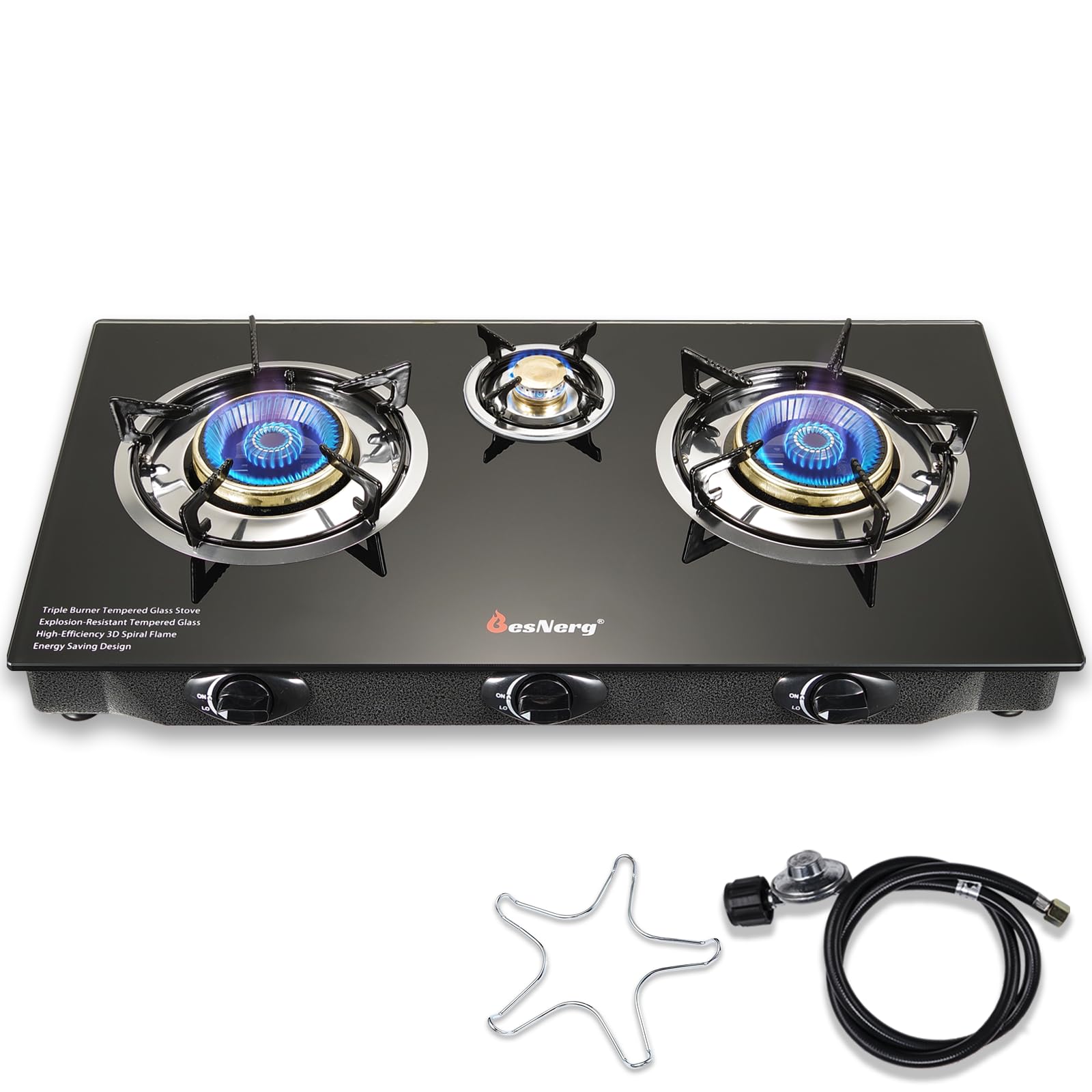 Besnerg Propane Stove 3 Burner Gas Stove, 34000 Btu High-Efficiency Auto Ignition Tempered Glass Lpg Cooktop With Csa Regulator