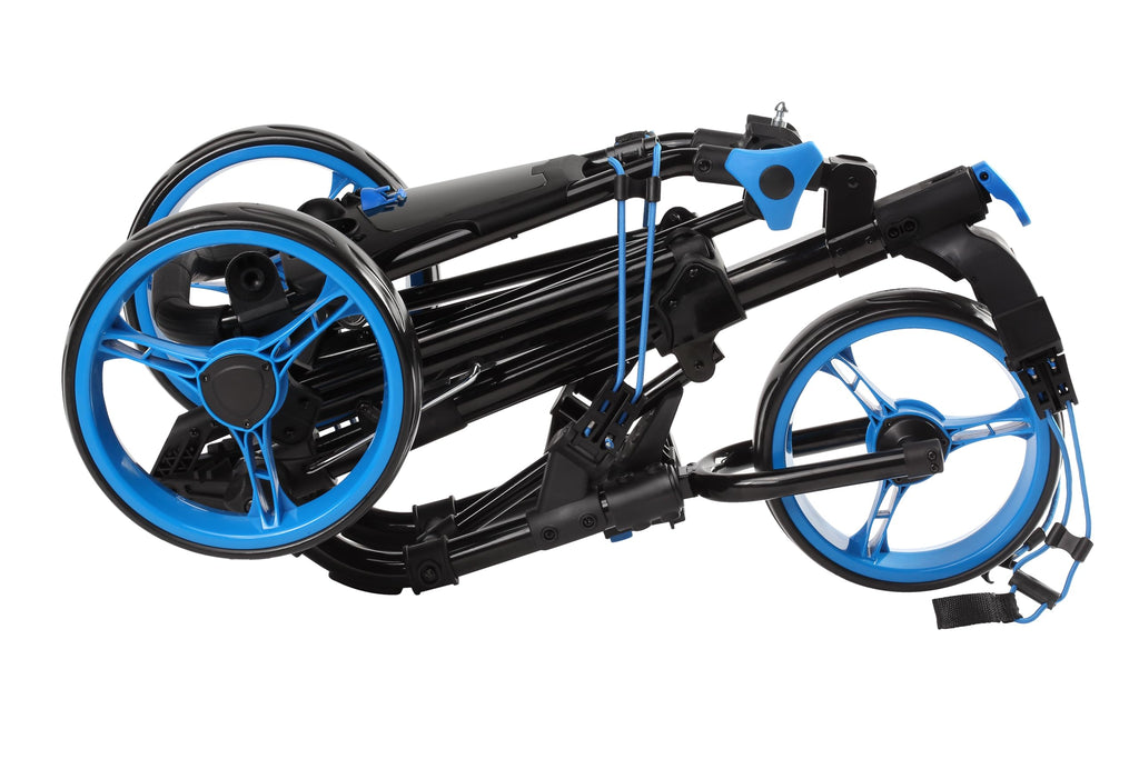 Qwik-Fold 3 Wheel Push Pull Golf Cart - Foot Brake - One Second To Open & Close! (Black/Blue)