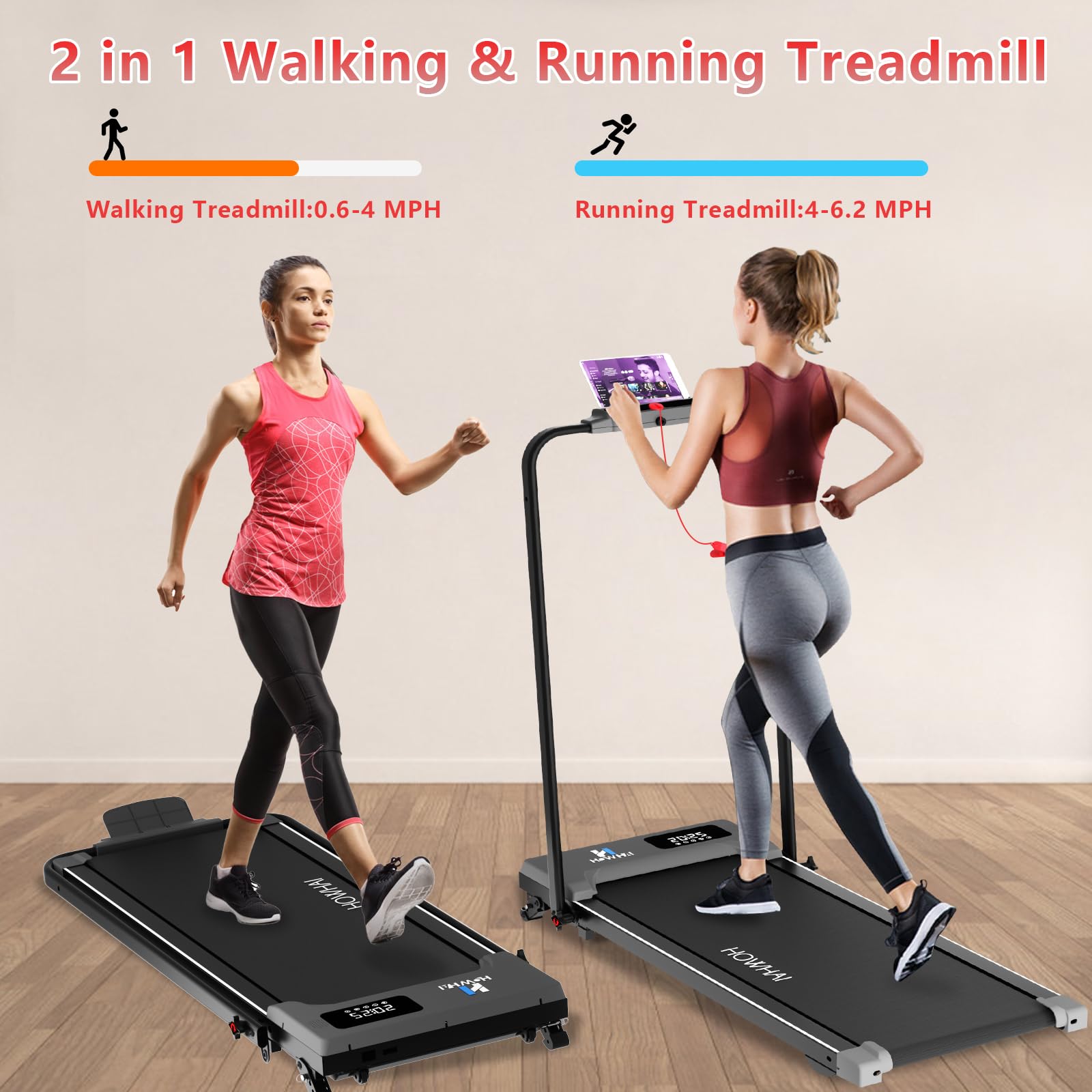 Howhai Walking Pad Treadmill With Incline, 2 In 1 Foldable Under Desk Treadmills For Home/Office, Portable Treadmill With App, B