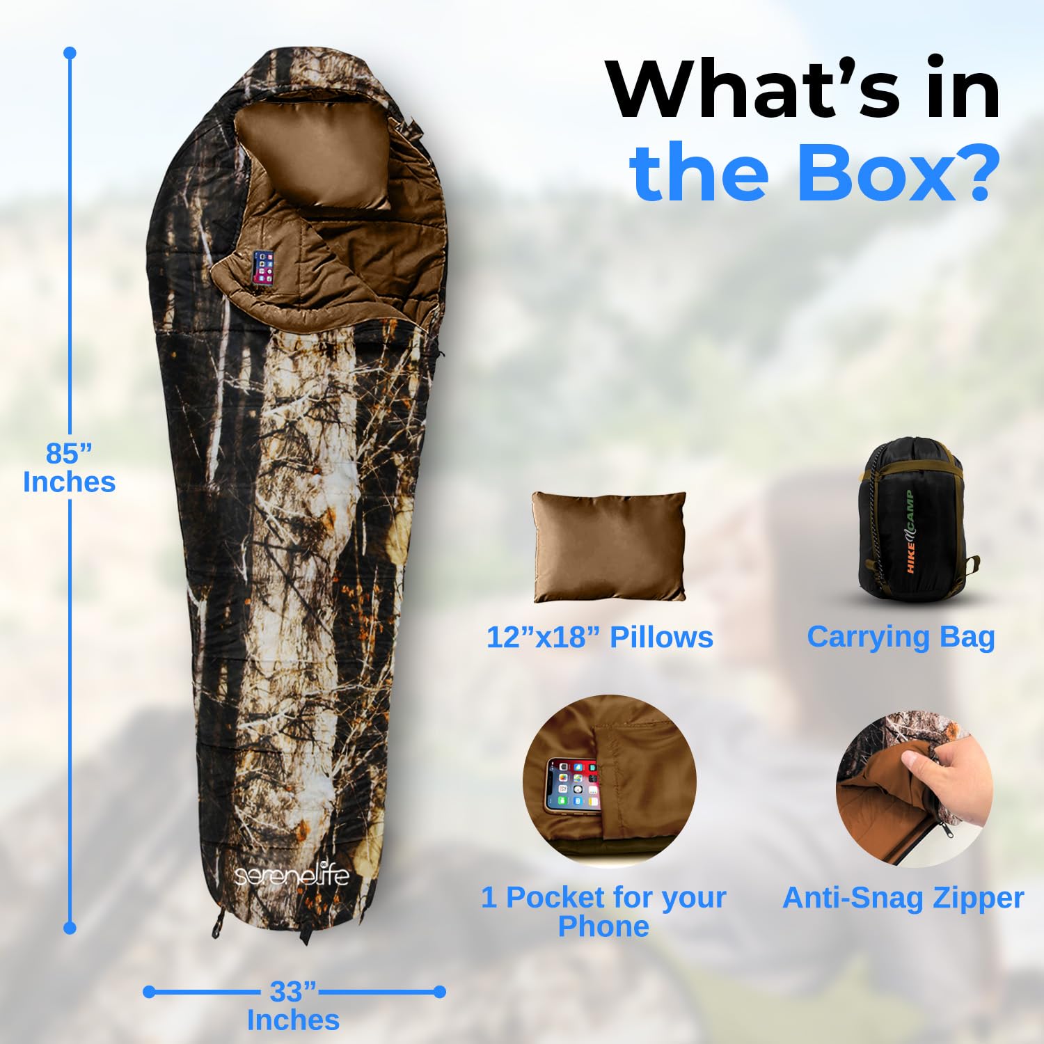 Serenelife Backpacking Sleeping Bag Camping Gear - Mummy Sleeping Bag For Adults/Teens W/Pillow, Bag - Outdoor Lightweight Weath