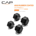 CAP Barbell 60 LB Rubber Coated Hex Dumbbell Hand Weight - Pair | Chrome Handle