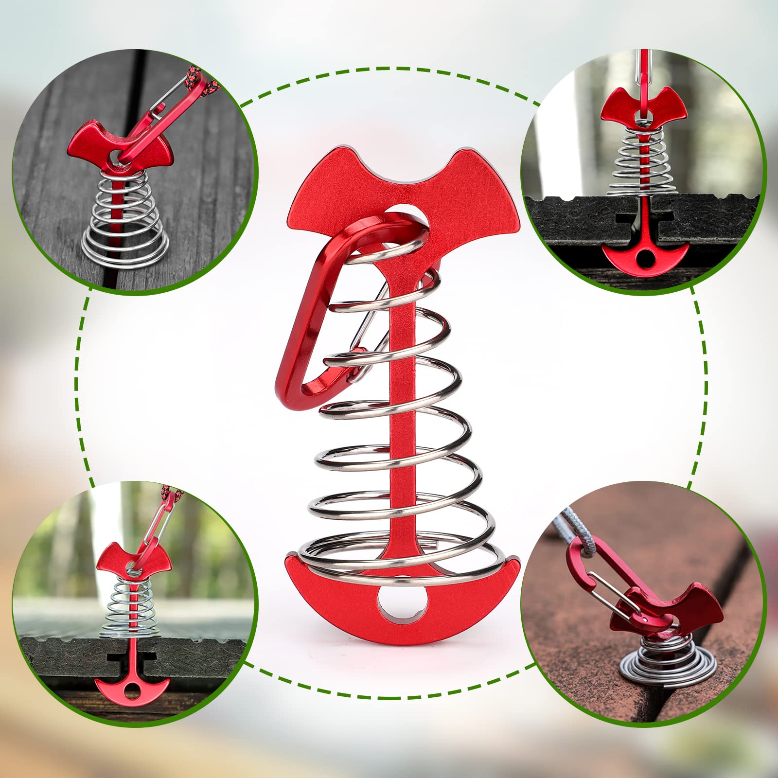 Tobwolf 10Pcs Red Deck Anchor Pegs With Carabiners, Windproof Aluminum Deck Tie Down Spring Tent Stakes, Camping Outdoor Fishbon