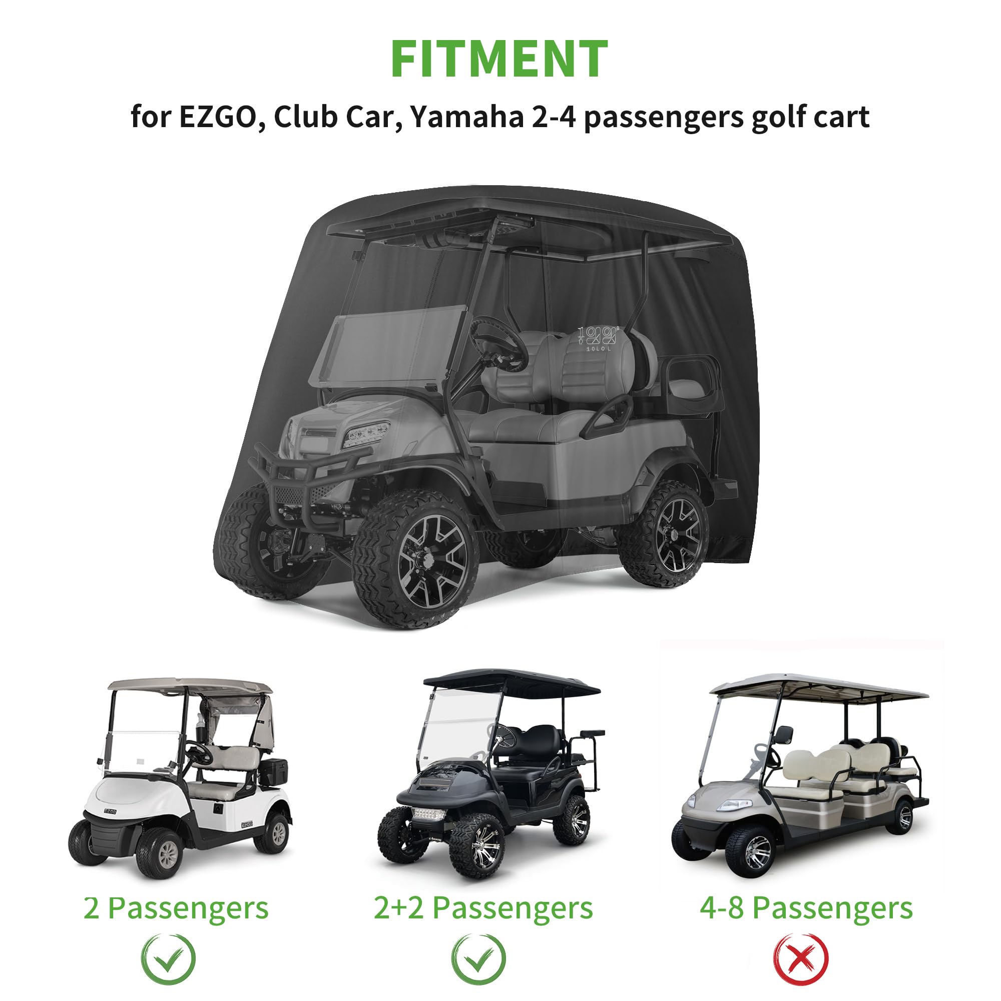 10L0L Universal 2-4 Passenger Golf Cart Cover For Ezgo, Club Car And Yamaha, Waterproof Sunproof And Durable, Black