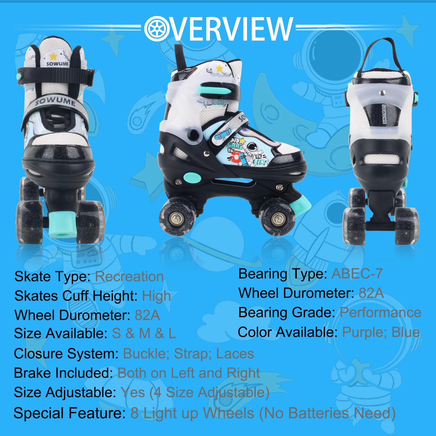 Sowume Adjustable Roller Skates For Boys And Kids, All 8 Wheels Of Boy'S Skates Shine, Safe And Fun Illuminating For Kids