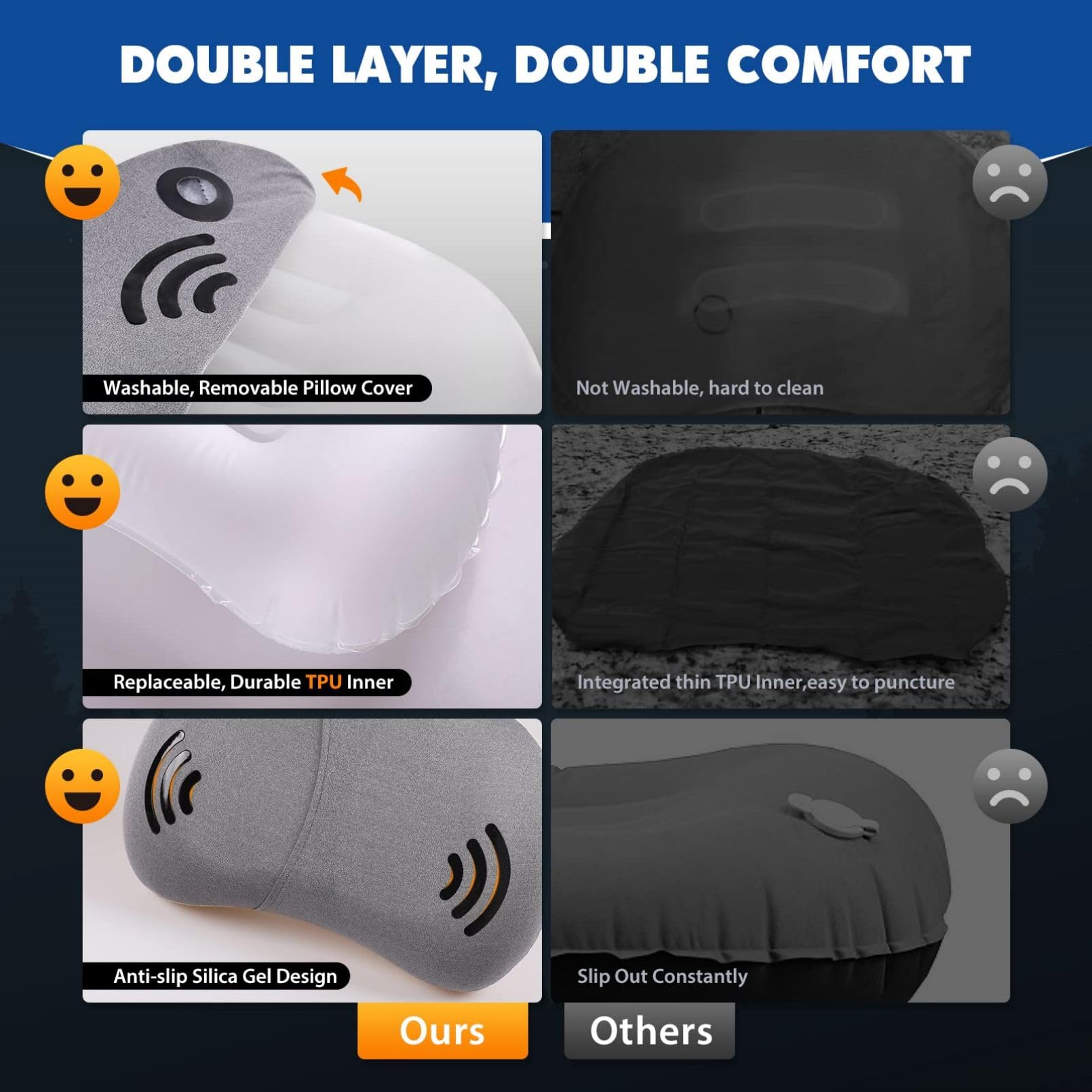 Hikenture Inflatable Pillow For Camping, Washable Backpacking Pillow For Sleeping, Ultralight Blow Up Pillows With Removable Cov