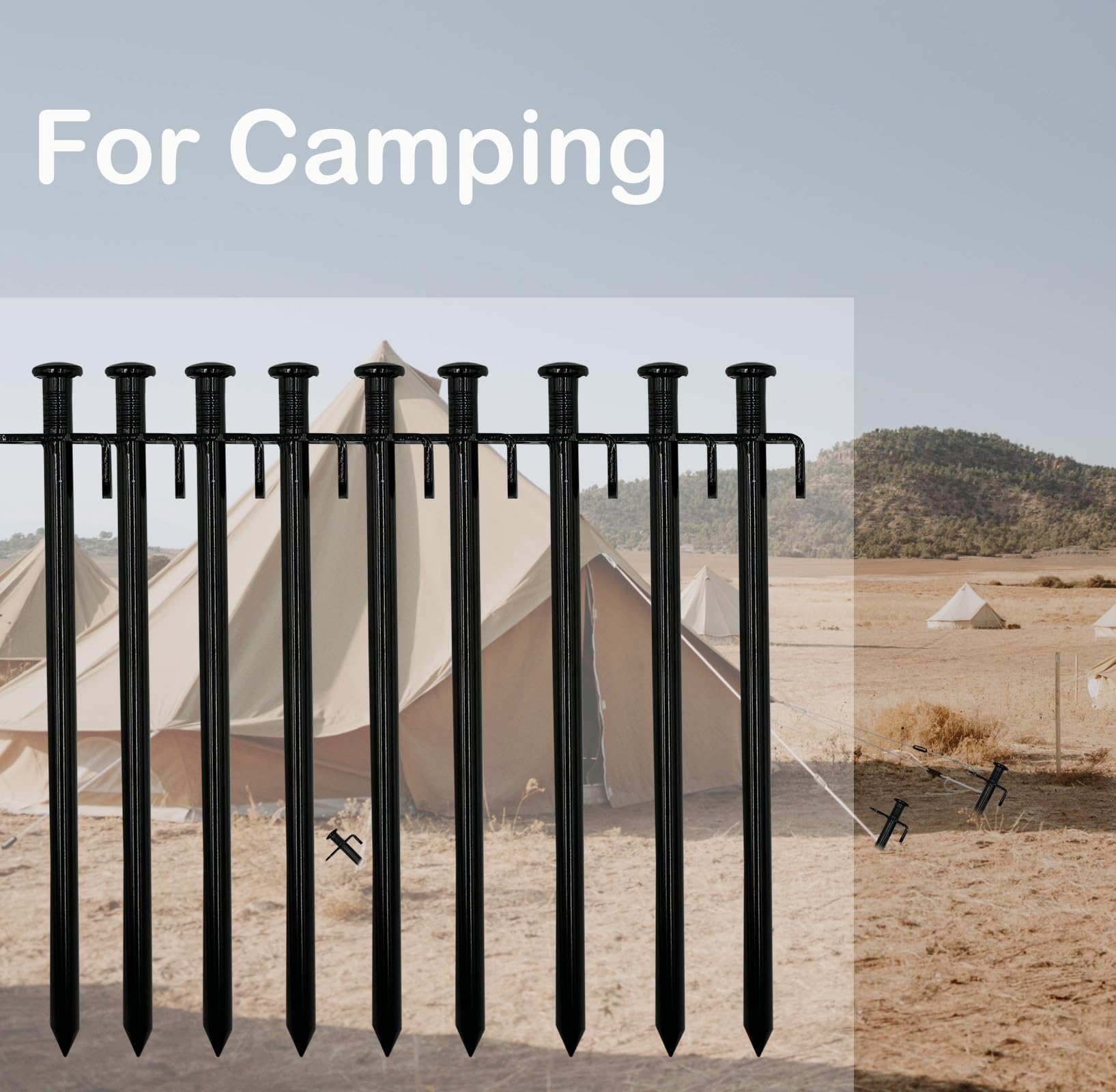 Cheardia 20 Pack Tent Stakes Heavy Duty, 10 Inch Outdoor Camping Pegs Stakes Black Metal Ground Stakes Spikes For Tent Tarp Cano