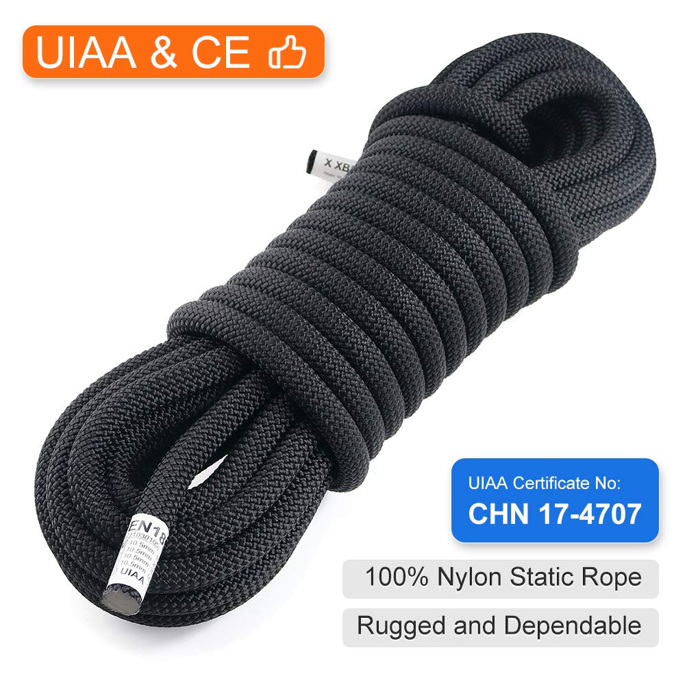 X Xben Rock Climbing Rope, Static Uiaa Mountain Climb Ropes, 10.5Mm 64Ft Black Mountaineering Climbing Gear For Rescue, Hiking,