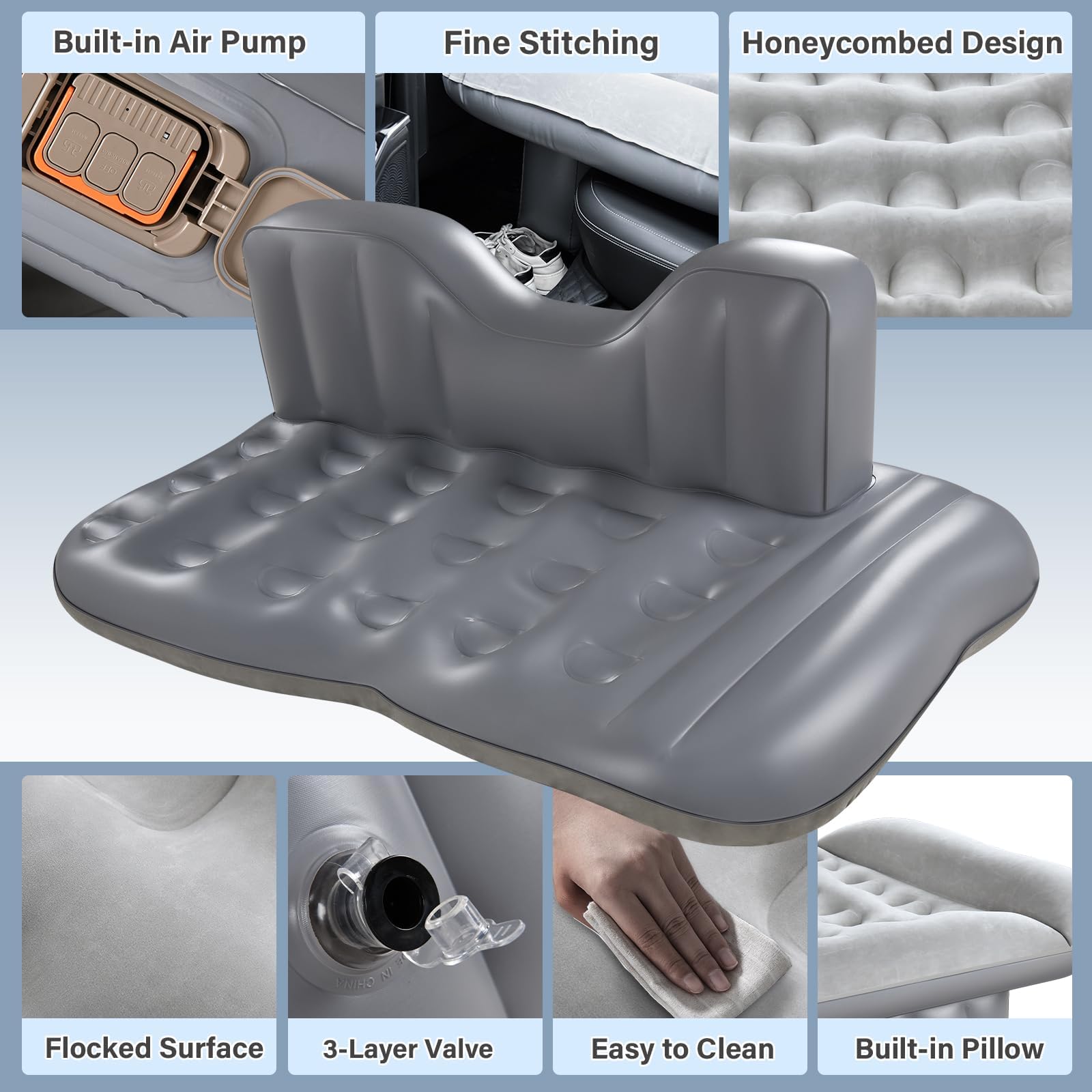 Coverado Car Air Mattress Back Seat, Portable Wireless Inflatable Bed with Built in Air Pump&Pllow, Storage Bag, Patch Kit, Univ