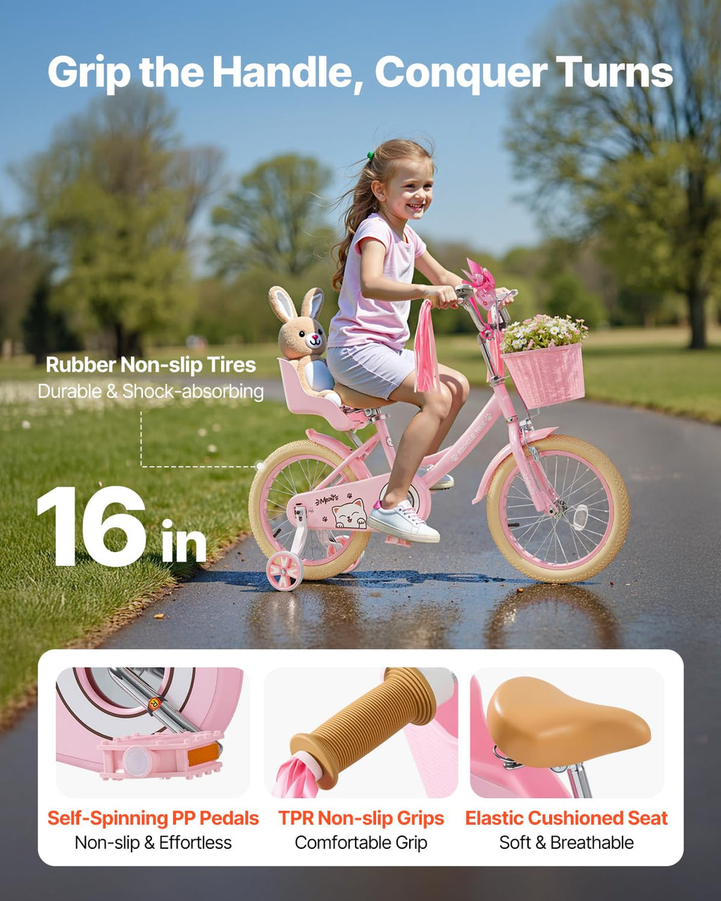 Vevor Kids Bike, 16 Inches Princess Style Children Bicycle With Streamers & Basket, Rider Height 3.28 Ft - 4.27 Ft, Doll Seat &