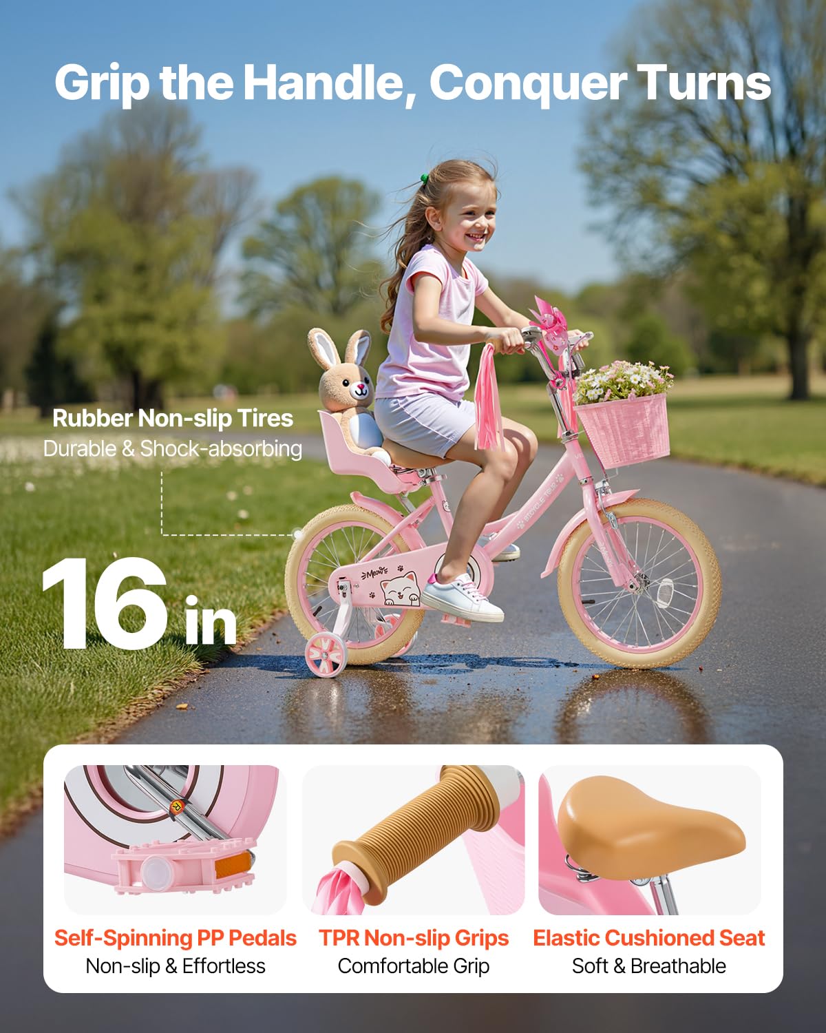 Vevor Kids Bike, 16 Inches Princess Style Children Bicycle With Streamers & Basket, Rider Height 3.28 Ft - 4.27 Ft, Doll Seat &