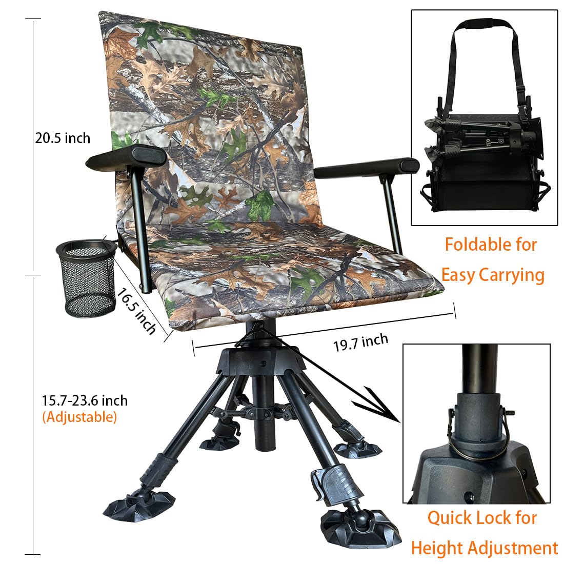 Cross Mars Silent Swivel Stable Portable Ground Folding Outdoor Camping Fishing Hunting Blind Chair Seat With Cover, 4 Legs Adju