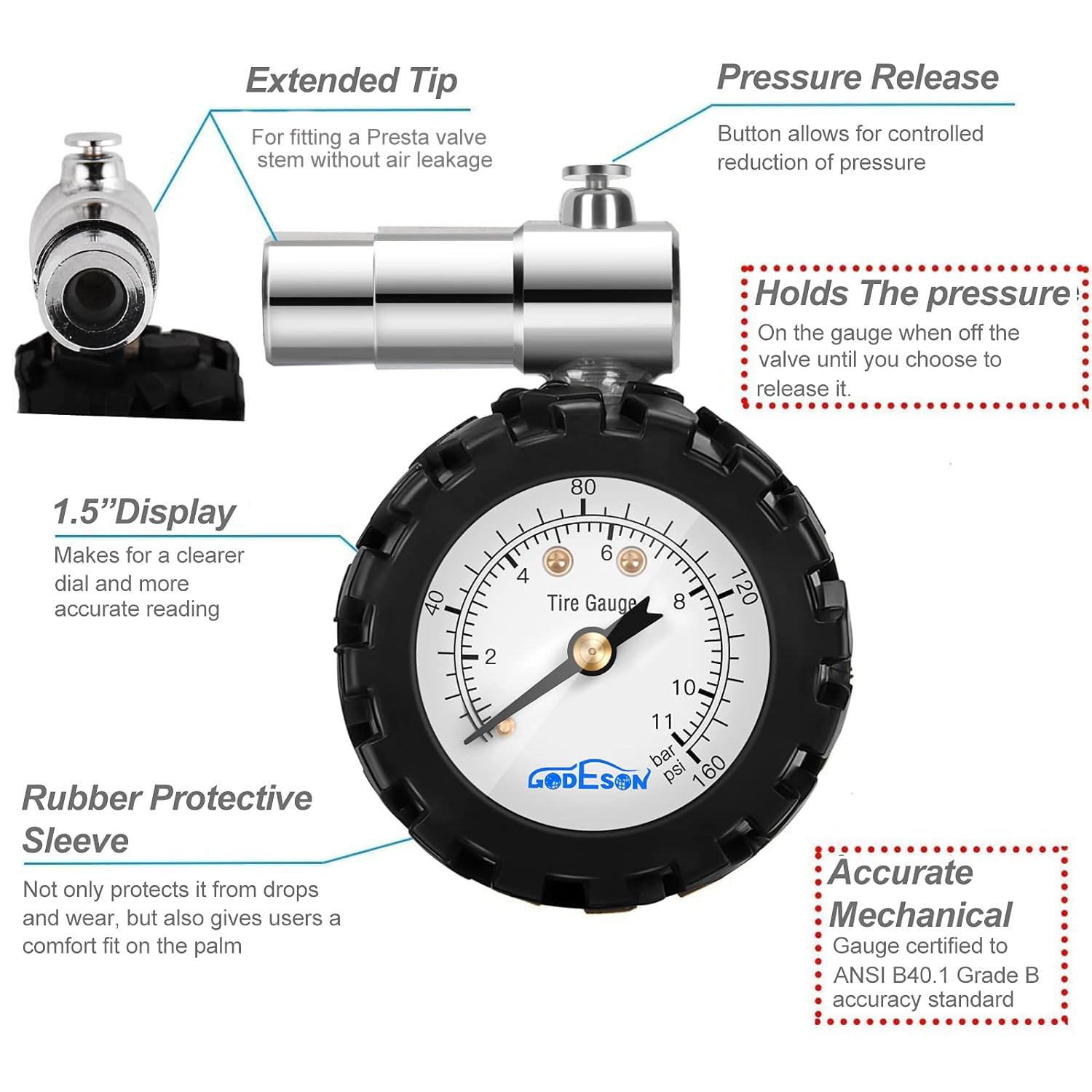 Godeson Presta Valve Bicycletire Pressure Gauge 0-160Psi And 0-11Bar