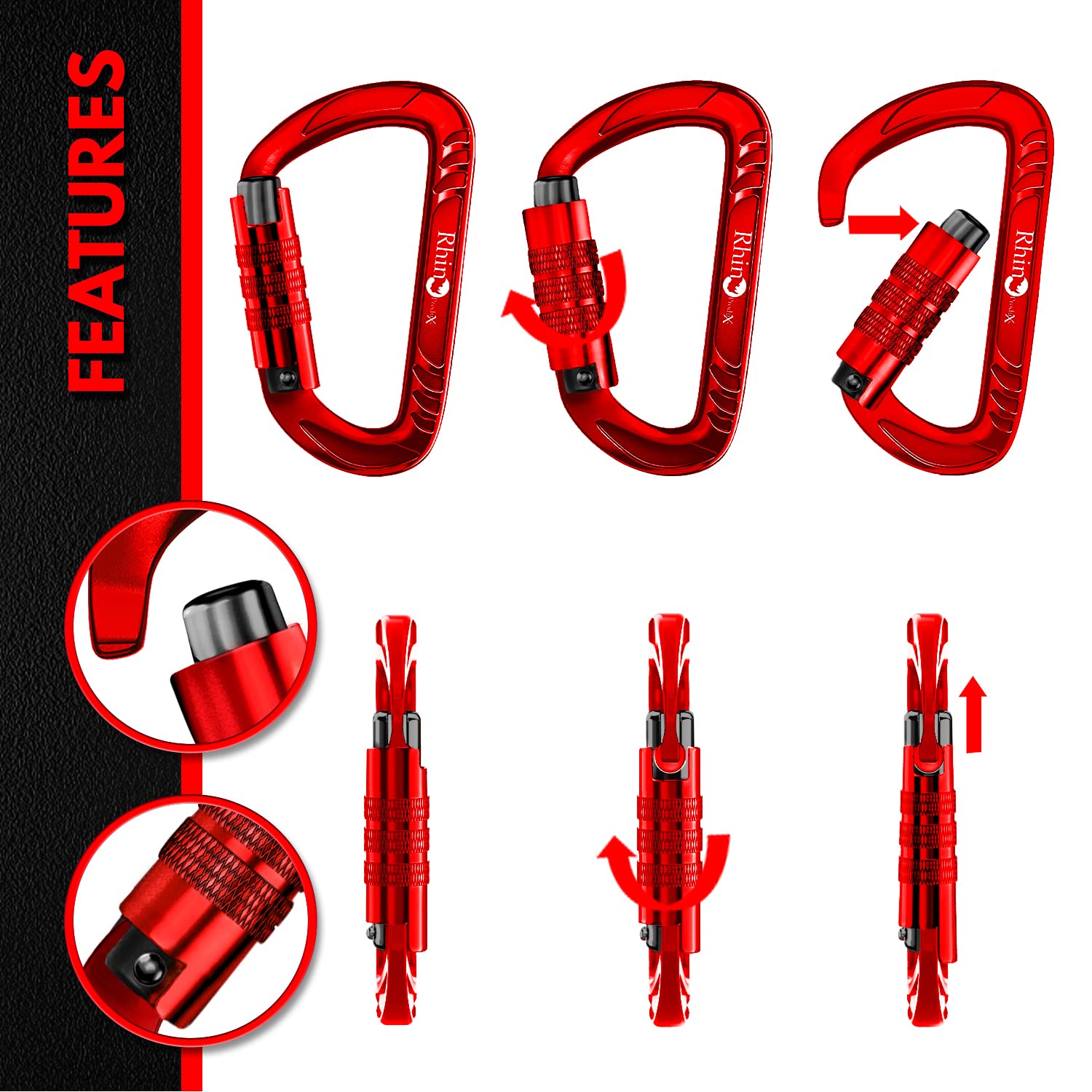 Rhino Produxs 2Pcs Of 12Kn (2697 Lbs) Heavy Duty Lightweight Locking Carabiner Or Auto Locking Carabiner Clips, For Securing Pet
