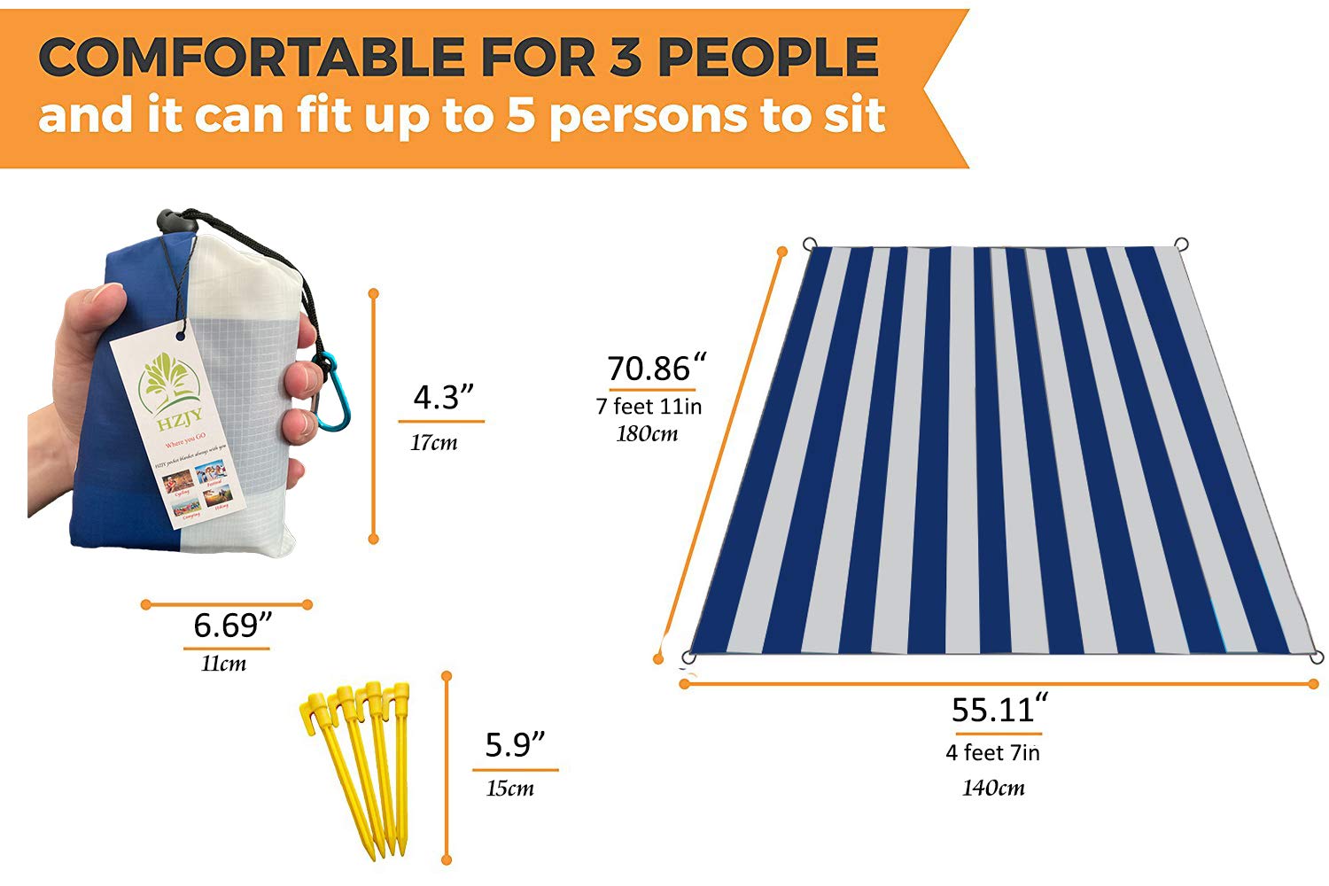 Hzjoyue Outdoor Blanket (71 X 55) -Compact, Lightweight, Sand Proof Pocket Blanket Best Mat For The Beach, Hiking, Travel, Campi