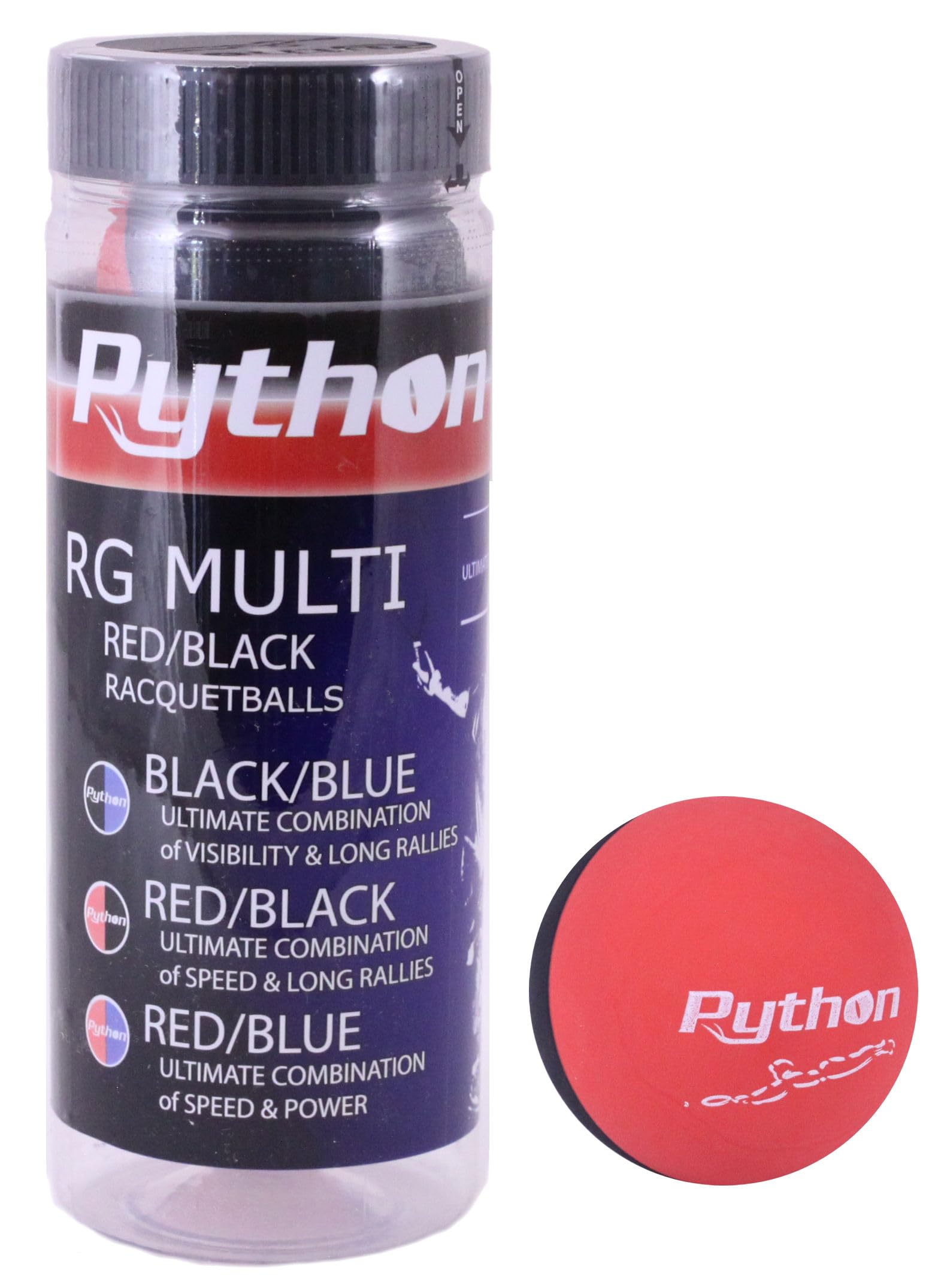 Python 3 Ball Can RG Multi Colored Racquetballs (Endorsed by Racquetball Legend Ruben Gonzalez!) (1-Can/Pack, 3-Balls) (Black/Re