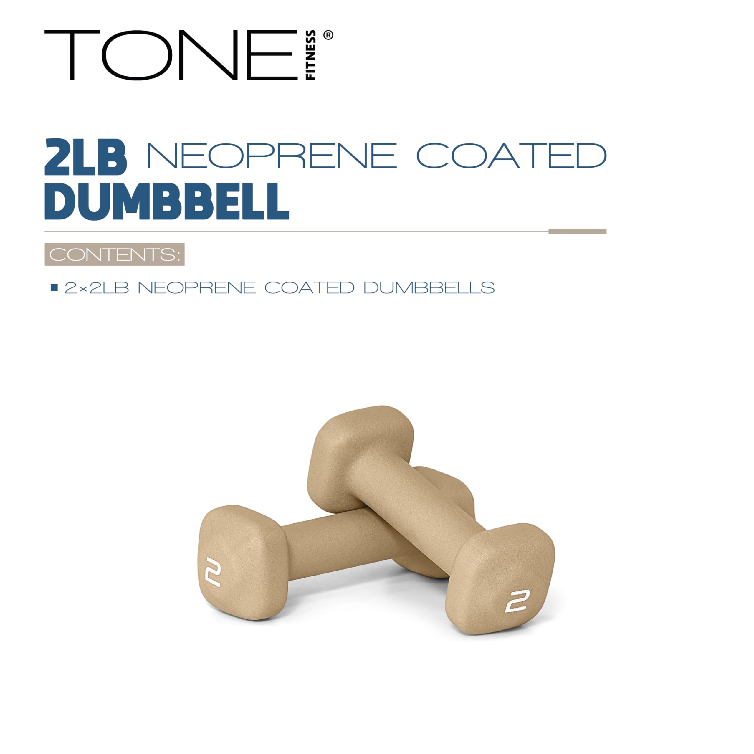 Tone Fitness 2 lb Neoprene Dumbbell Pair for Home Workouts - Non-Slip Design - Beige