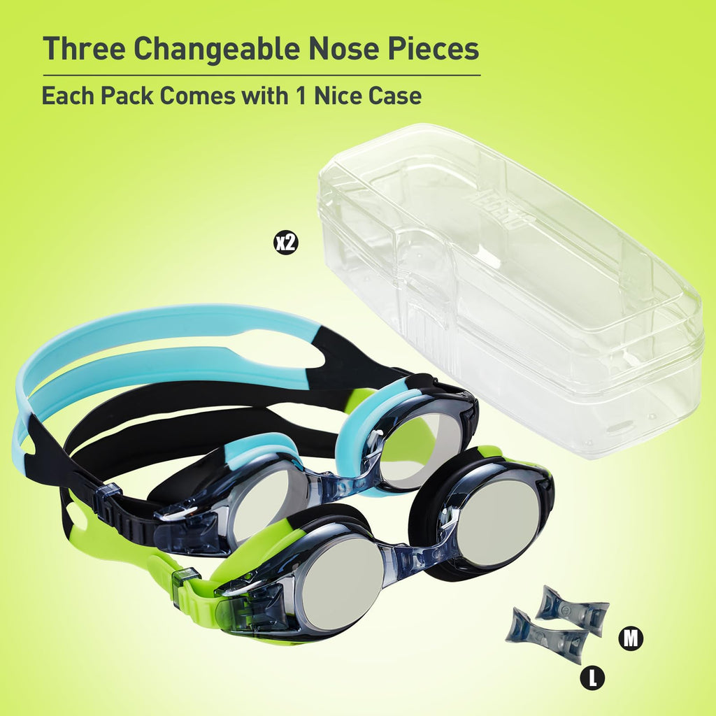 Aegend 2 Pack Kids Goggles, Swimming Goggles for Kids Age 4-16 Boys and Girls Youth, Anti-Fog Pool Goggles, Green Black & Blue B
