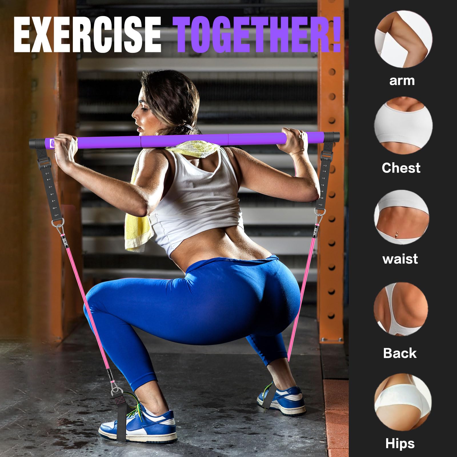 Pilates Bar Kit with Resistance Bands, Upgraded 3-Section with Stackable Bands Workout Equipment for Legs,Hip,Waist and Arm Full
