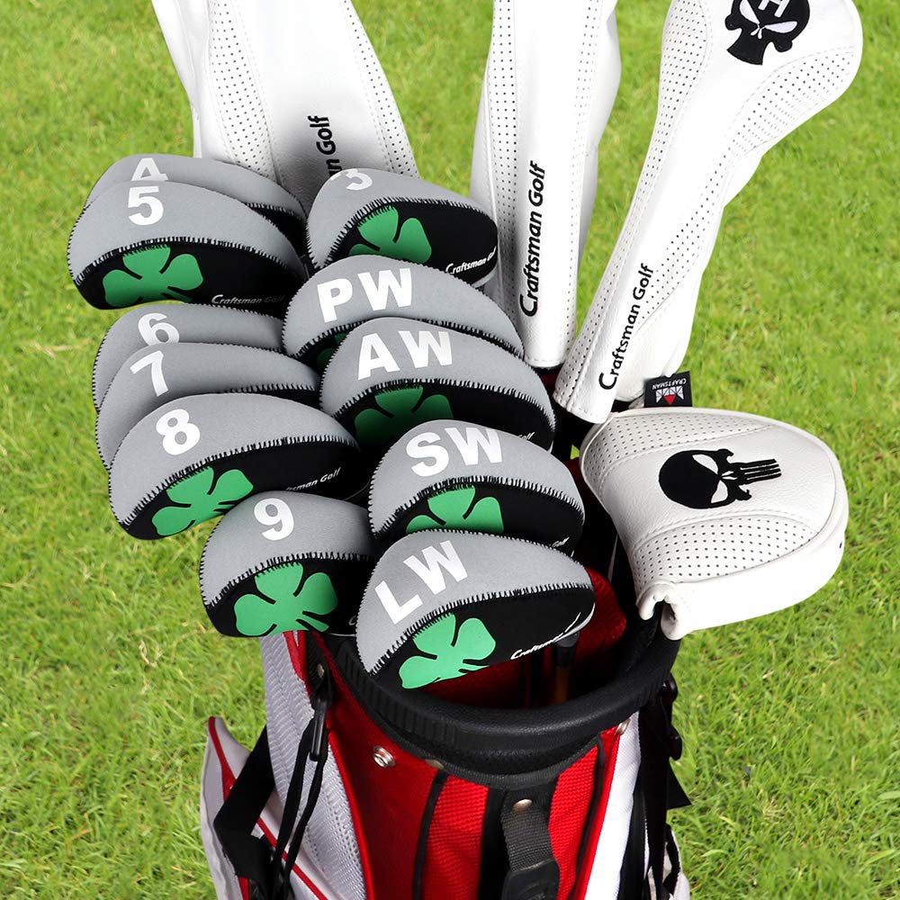 Craftsman Golf Black & Gray 11Pcs/Set (3,4,5,6,7,8,9,P,A,S,L Clover Neoprene Iron Headcover Set Covers Protector Case