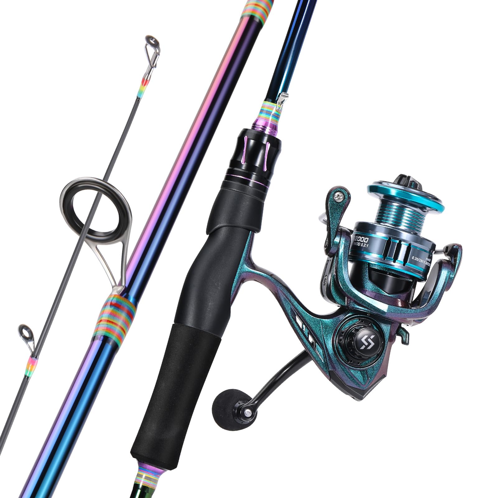 Sougayilang 5.9ft Spinning Fishing Reel Rod Combo, Two Pieces Colorful Poratble Light Weight Fishing Rod with Chameleon Paint Sp