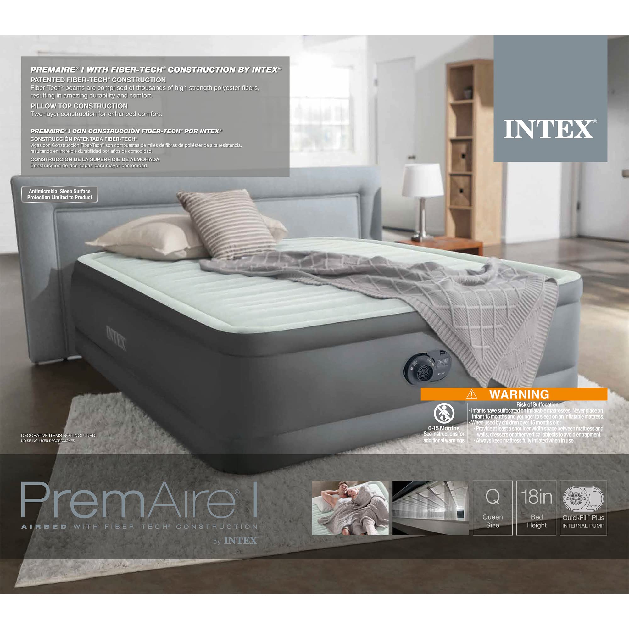 Intex Premaire I Fiber-Tech Elevated Dura Beam Lightweight Inflatable Home Pillowtop Airbed Mattress Electric Built-In Pump Port