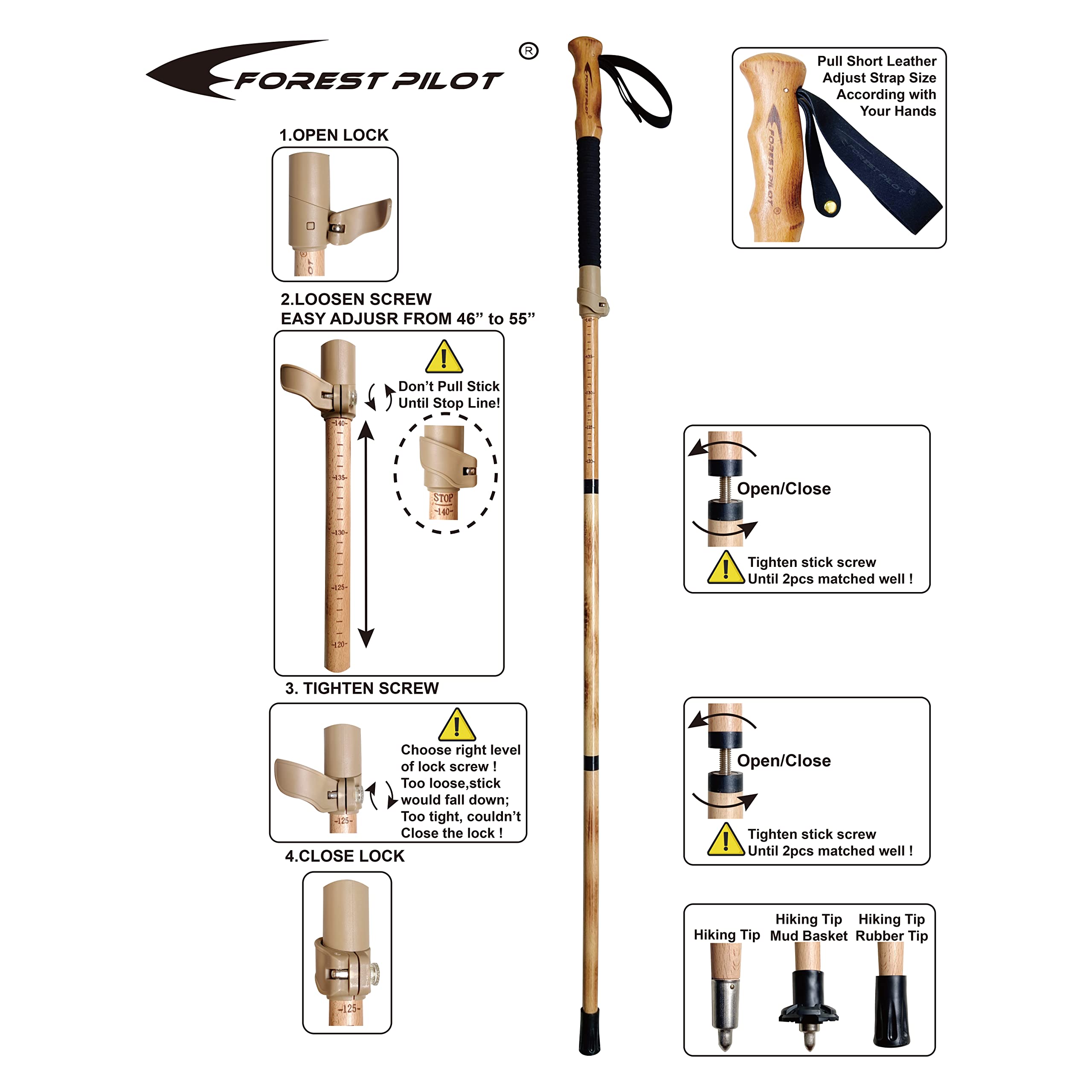 Forest Pilot Trekking Poles- 1-Pc Pack - Adjustable Hiking Or Walking Stick -Strong, Natural Beech Wood - Quick Adjust Flip-Lock
