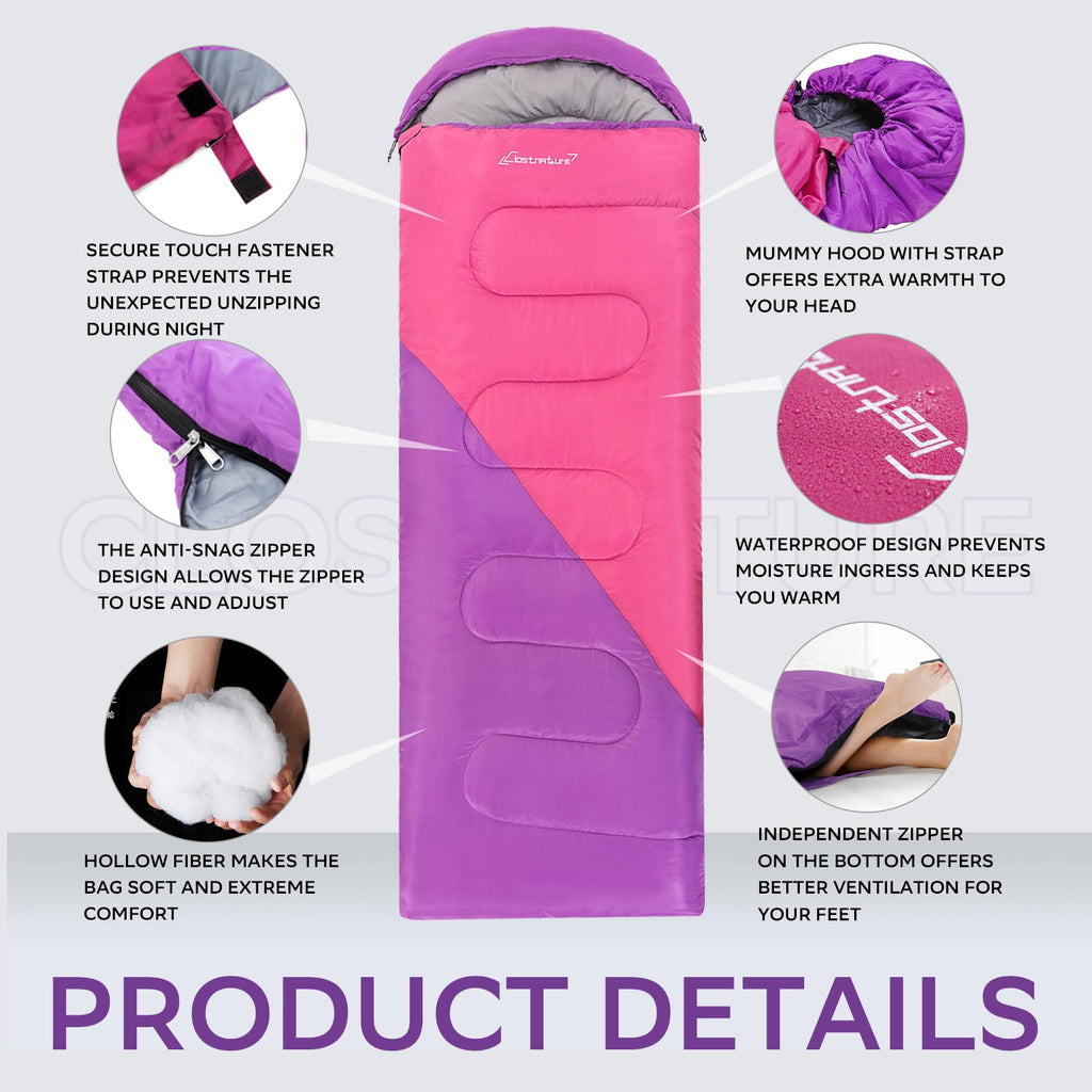Clostnature Sleeping Bag For Adults And Kids - Lightweight Camping Sleeping Bag For Girls, Boys, Youths, Ultralight Backpacking
