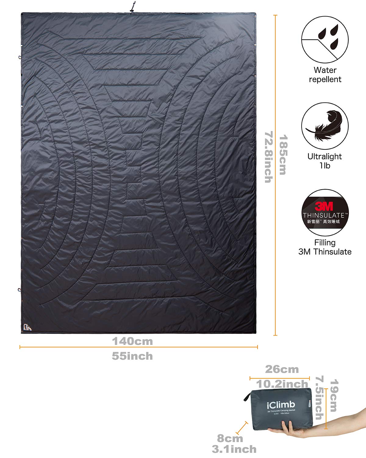 Iclimb 3M Thinsulate Insulation Warm Camping Blanket Ultralight Compact (Black, 1 Lb)