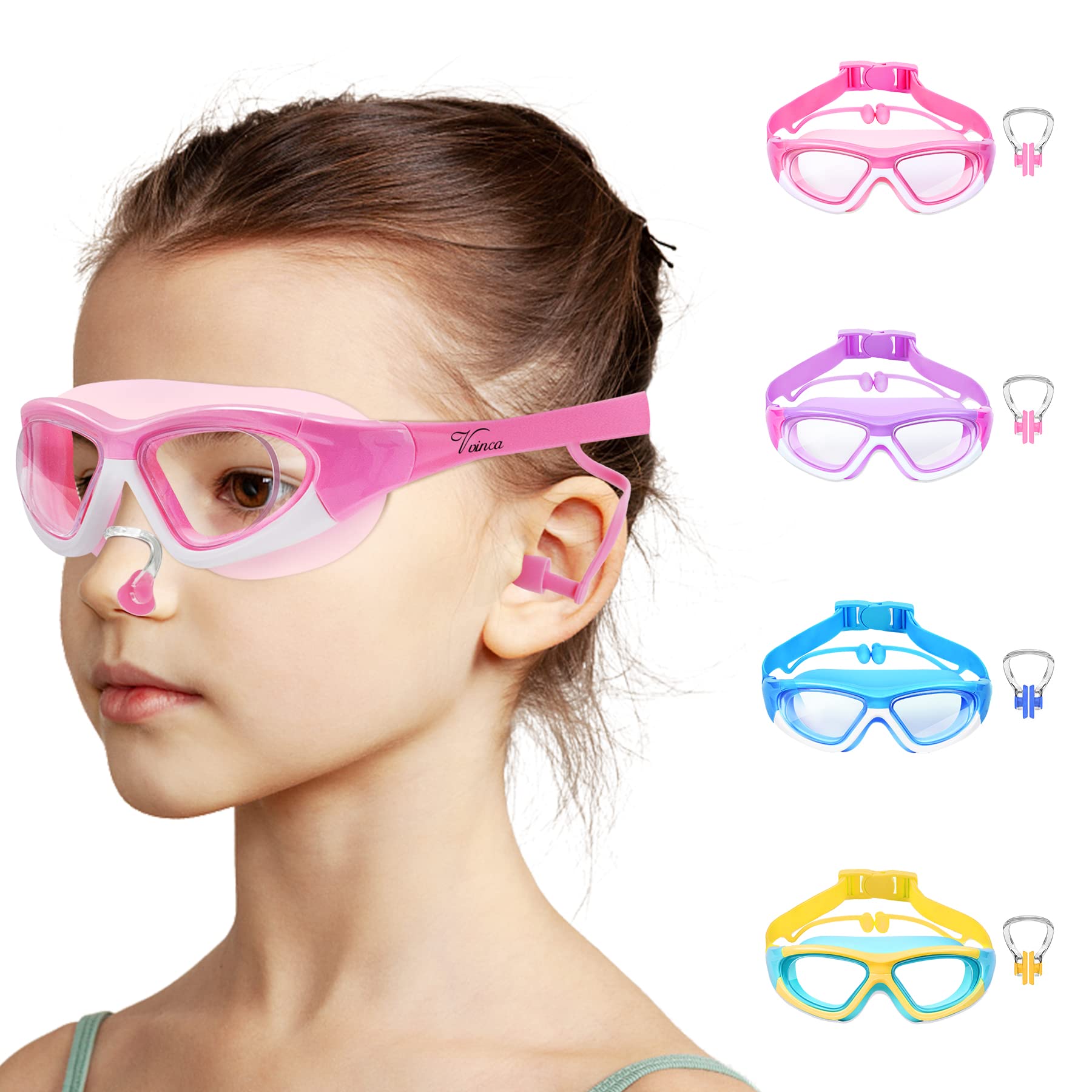 Vvinca Kids Swim Goggles, 180 Clear View Quick Adjusted Strap Swimming Mask With Ear Plugs Nose Clips For Swim Lesson, Anti-Fog 
