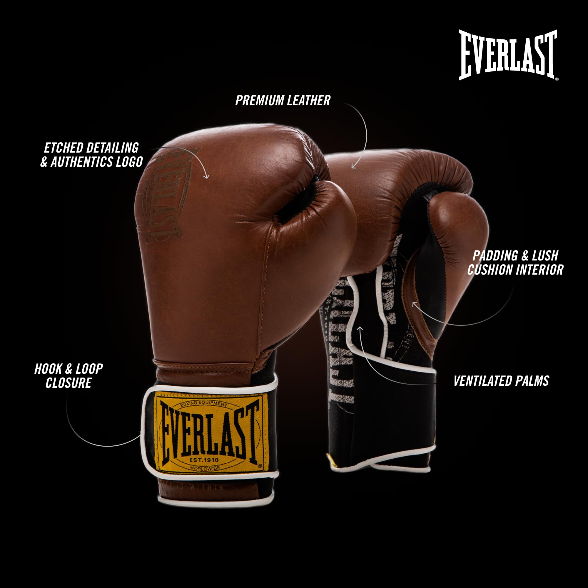 Everlast 1910 Leather Boxing Gloves | Vintage Training Gloves For Men And Women | Hook And Loop With Triple-Layer Foam | Heavy B