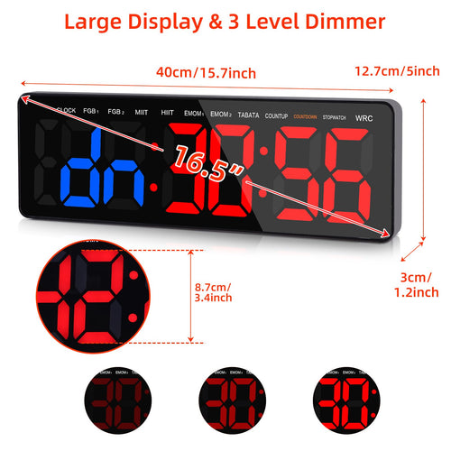 Anexer Gym Timers 16.5 Large Digital Wall Clock For Gym Interval Workout, Remote Control Interval Training Gym Indoor Timer, Blu
