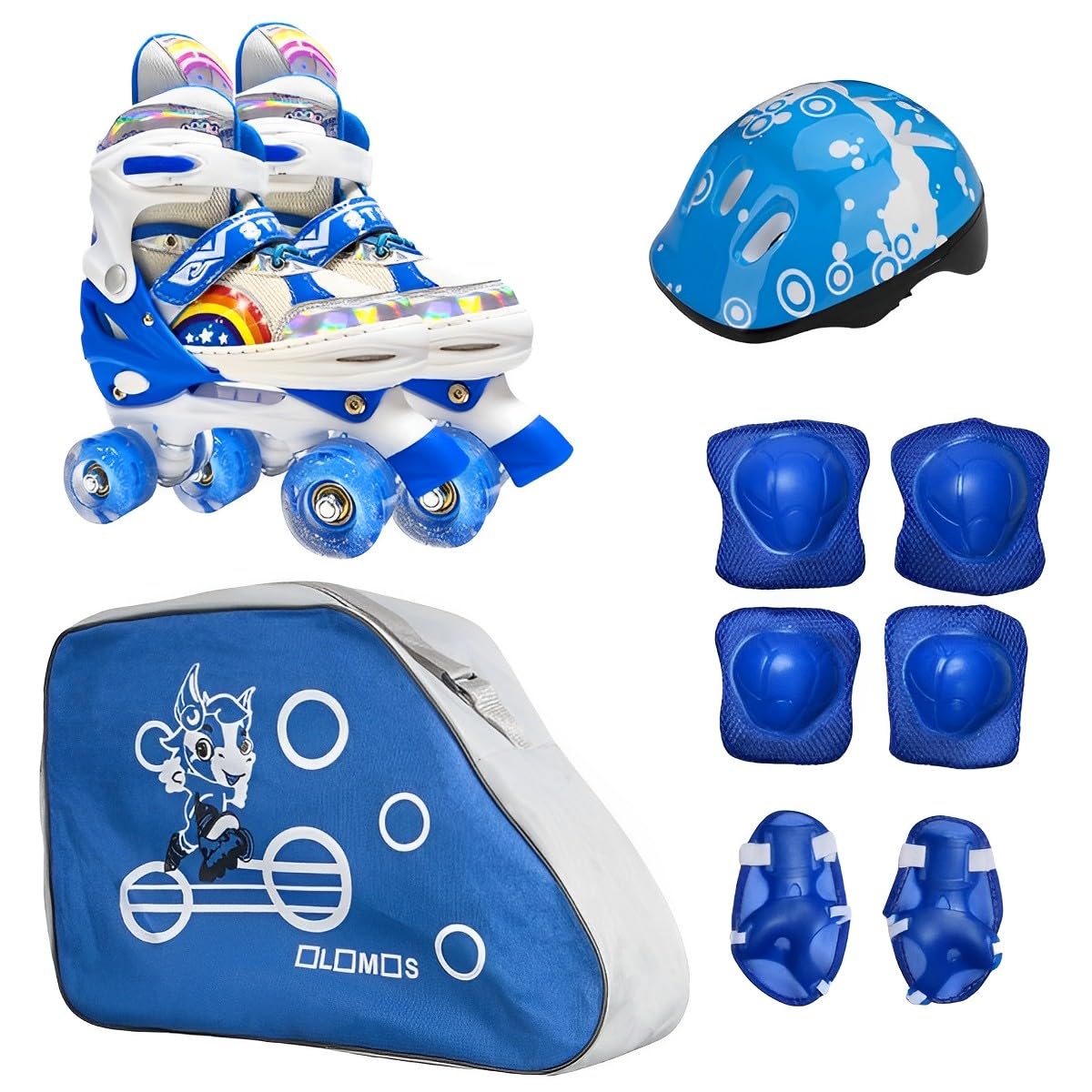 TLISMI Fancy Rainbow Color Print Double Row Flashing LED Shiny 4 Wheeled Skating Shoes with Thick Foam Helmet, Knee, Elbow, Wris