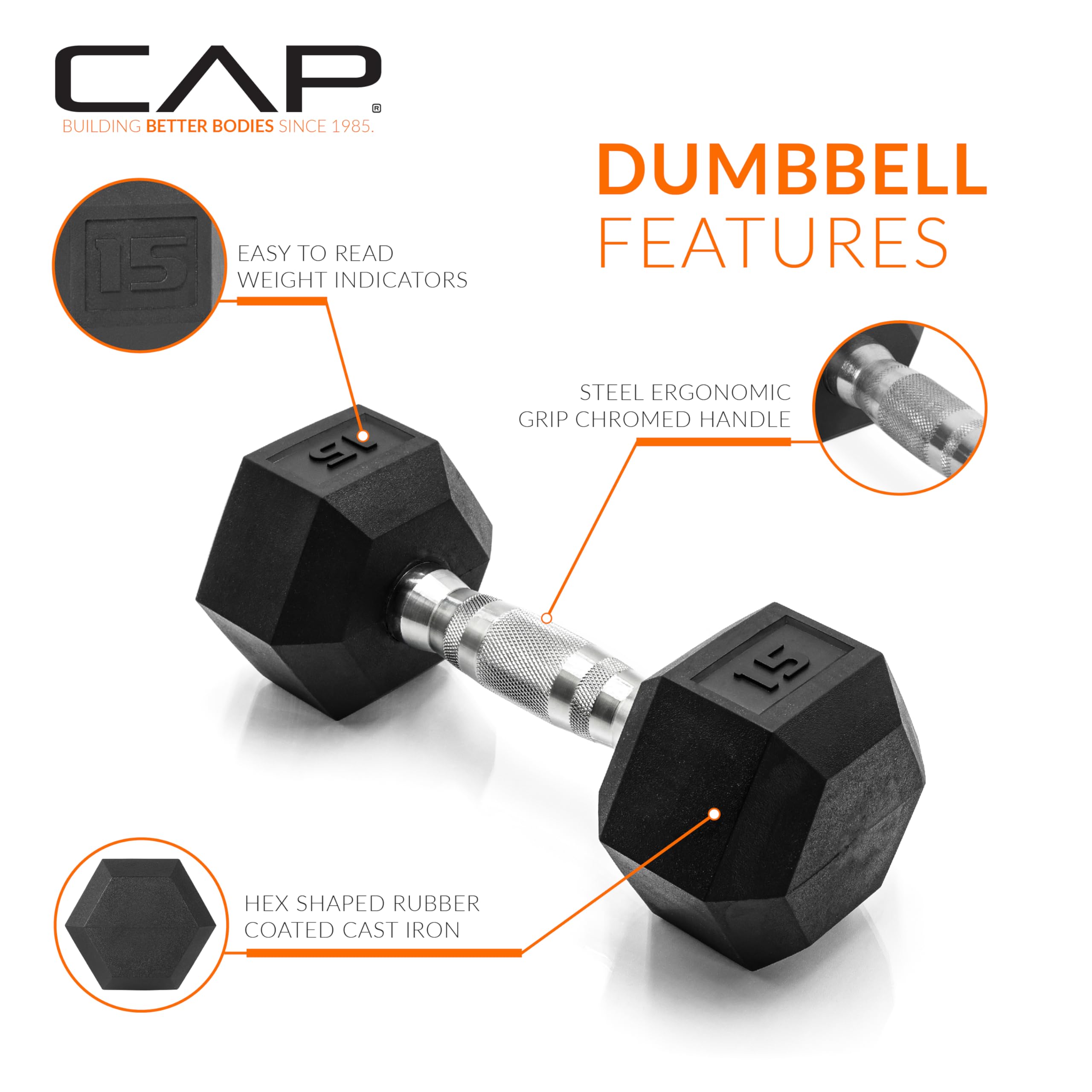 CAP Barbell 210 LB Rubber Coated Hex Dumbbell Hand Weight Set with Vertical Silver Rack | Chrome Handles