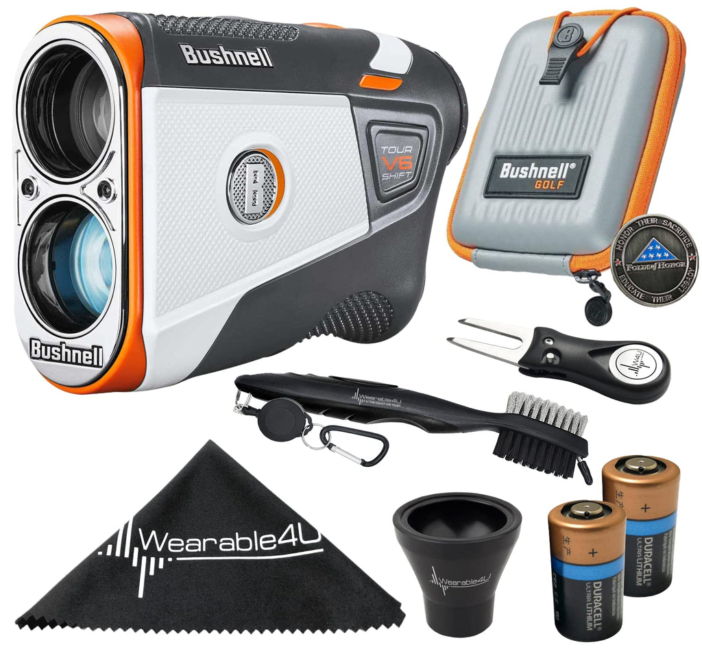 Bushnell Tour V6 Shift Patriot Pack Laser Golf Rangefinder With Case 2X Batteries And Wearable4U Ultimate Golf 3 Tools Bundle