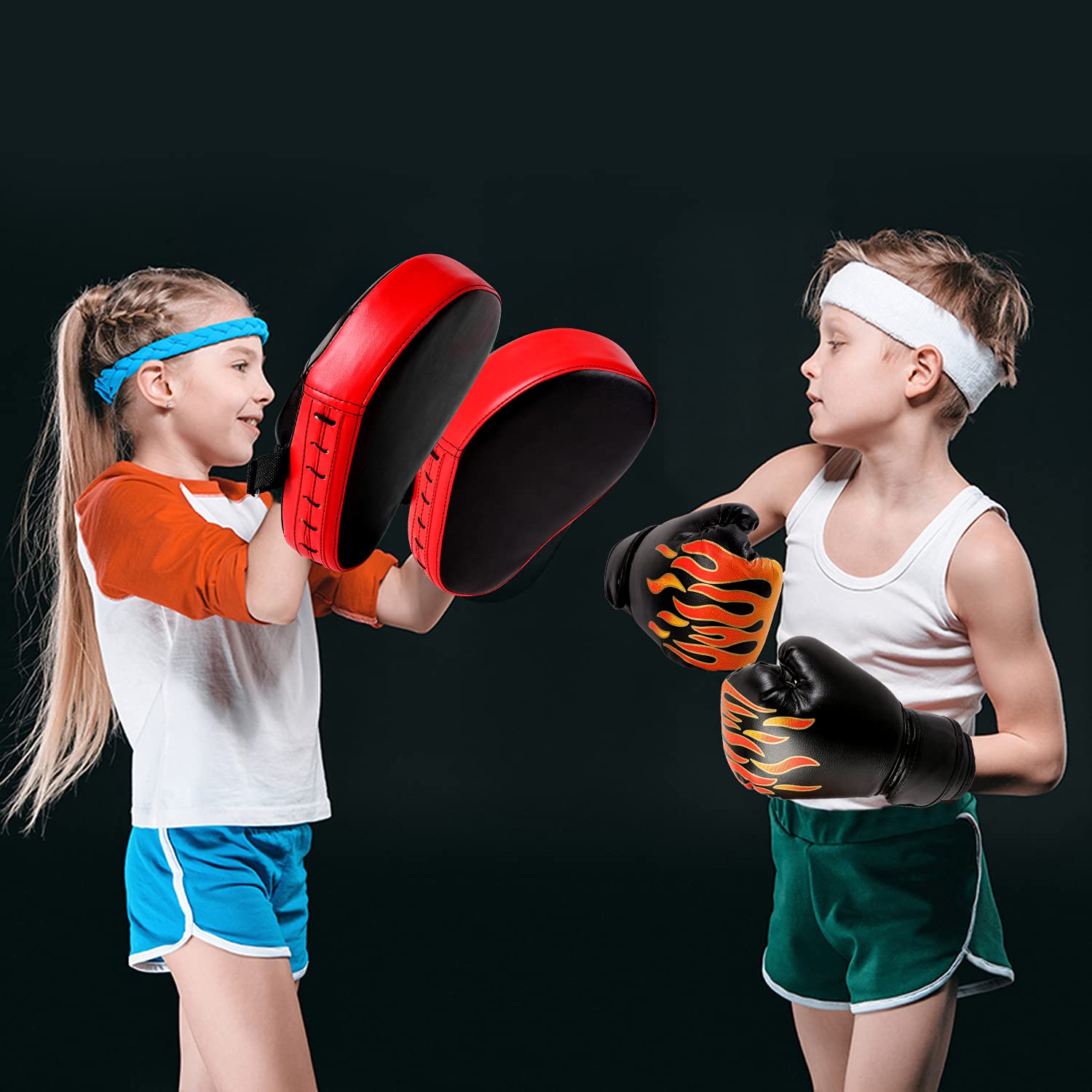 Odoland 2-In-1 Boxing Gloves And Punching Mitts Set For Kids, Boxing Mitts Focus Pads, Kids Boxing Fight Gloves For Boxing, Kick