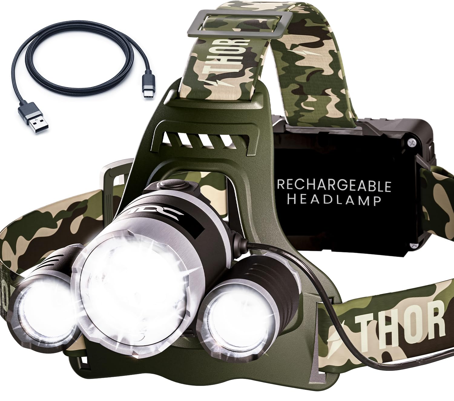 TDC Camo Rechargeable Headlamp - Zoomable Led Headlamp - Headlamp Flashlight USB - Waterproof Headlamps for Adults - Head Lamps 