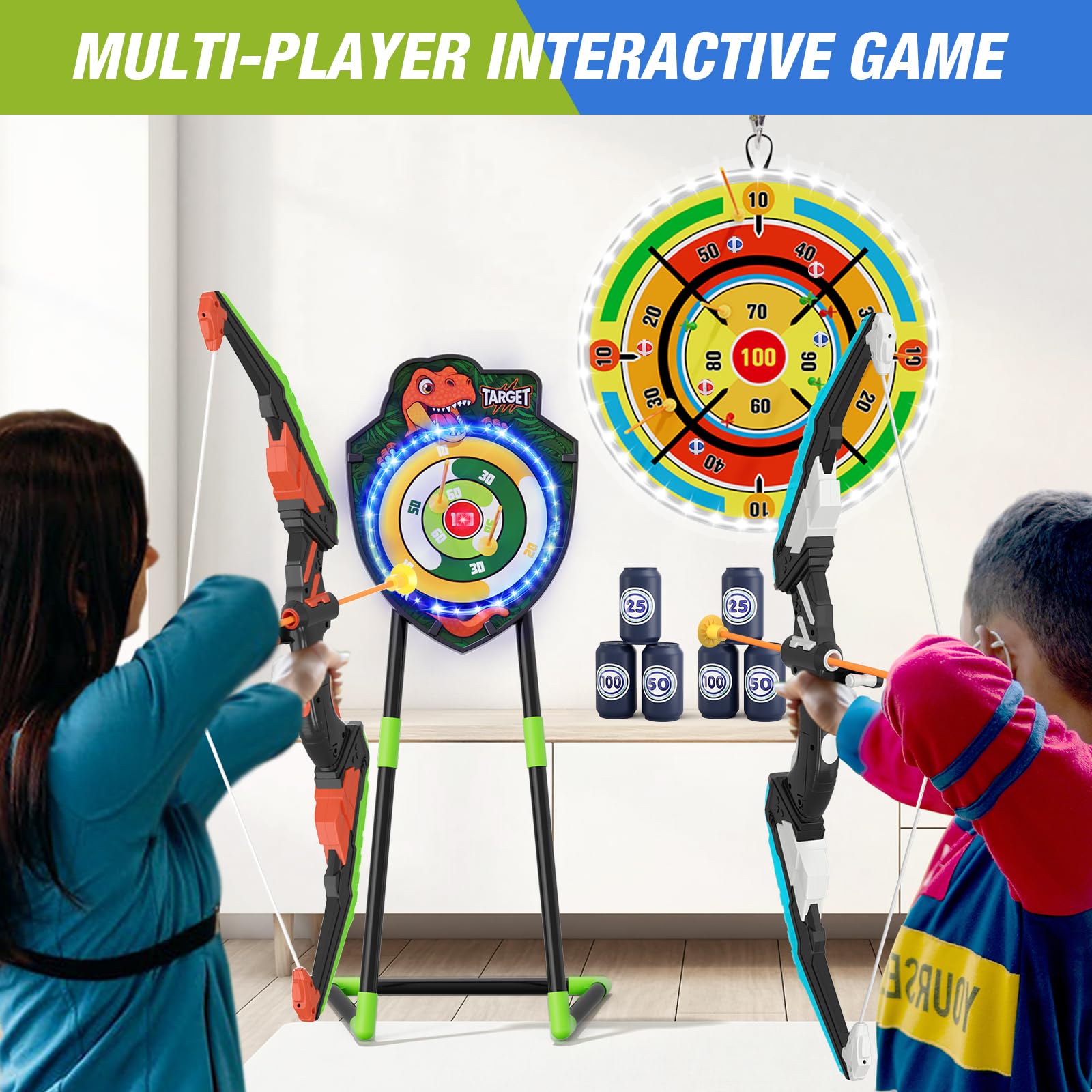 HYES 2 Pack Kids Bow and Arrow with 29 Large Dart Board, LED Light Up Archery Set with 24 Suction Cup Arrows, Indoor Outdoor Spo