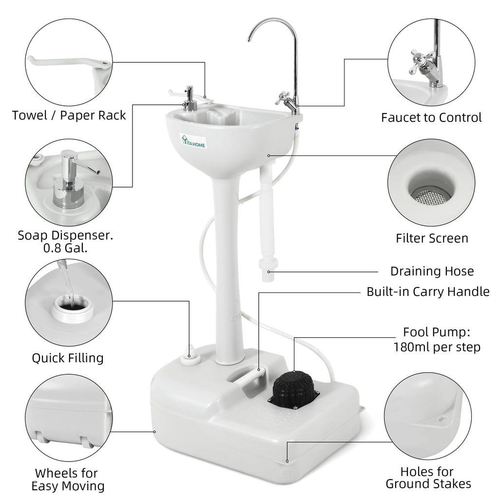 Yitahome Upgrated Portable Sink Camping Hand Washing Station With 17 L Wash Basin Stand, Rolling Wheels, Soap Dispenser, Towel H