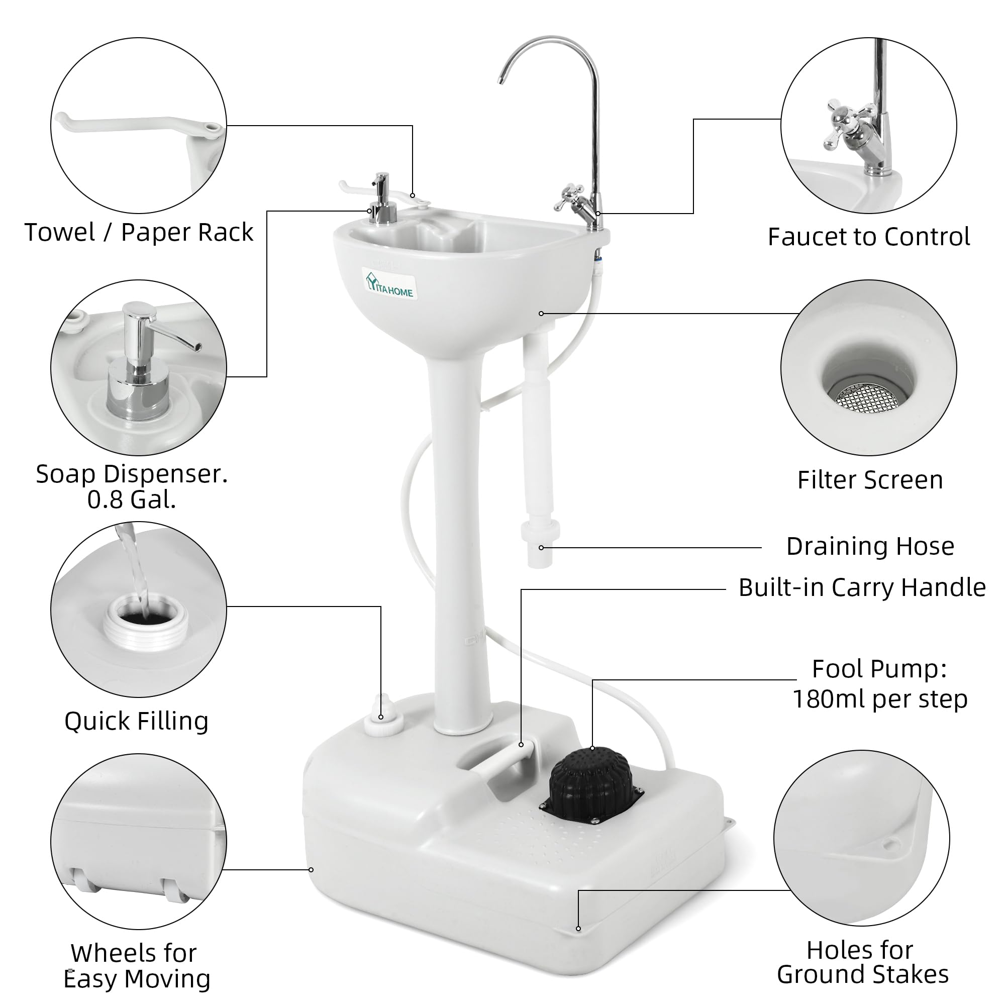 Yitahome Upgrated Portable Sink Camping Hand Washing Station With 17 L Wash Basin Stand, Rolling Wheels, Soap Dispenser, Towel H
