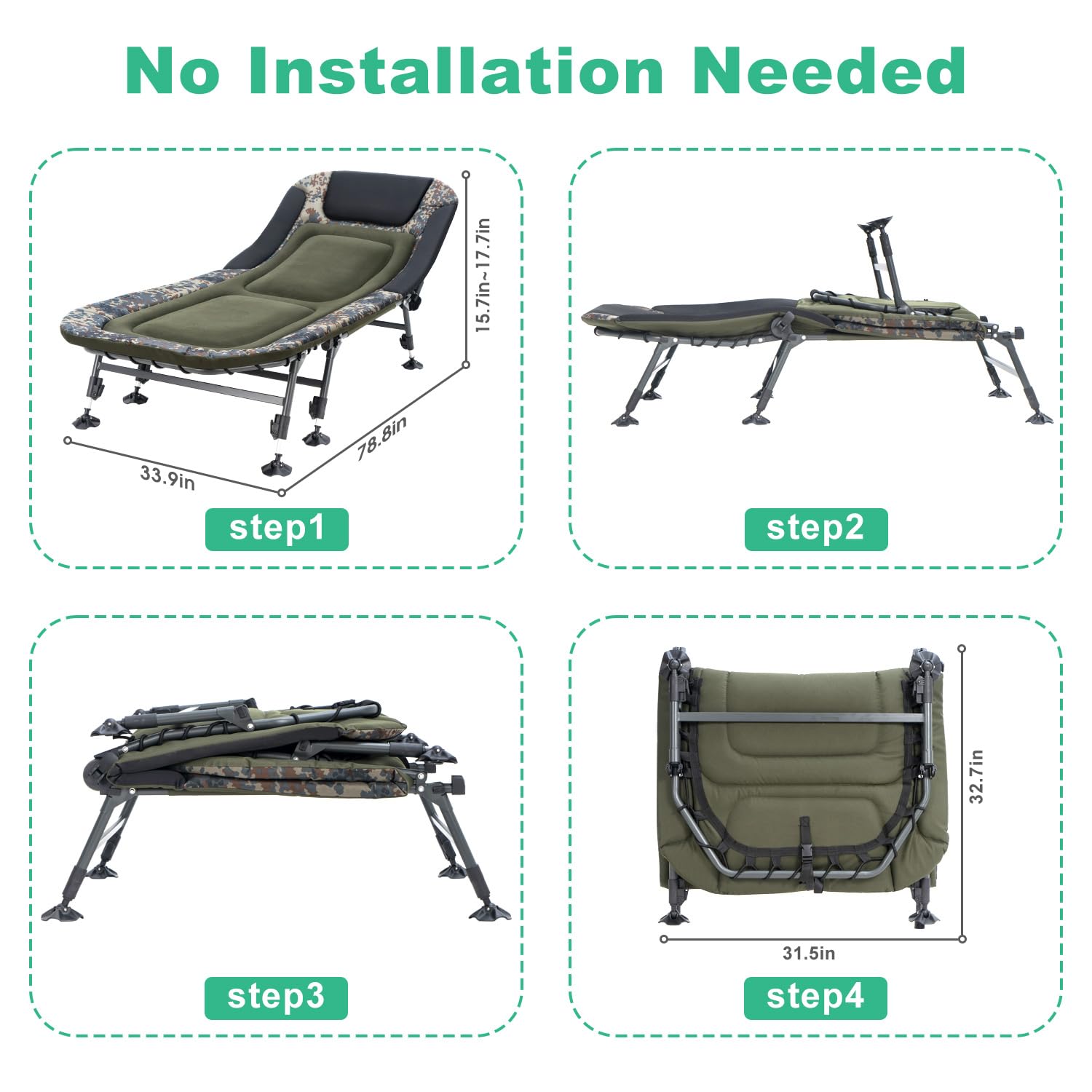 Campnacht Folding Camping Cot With Mattress For Adults, Heavy Duty Military Bed With Carry Bag, 180? Adjustable Reclining Outdoo
