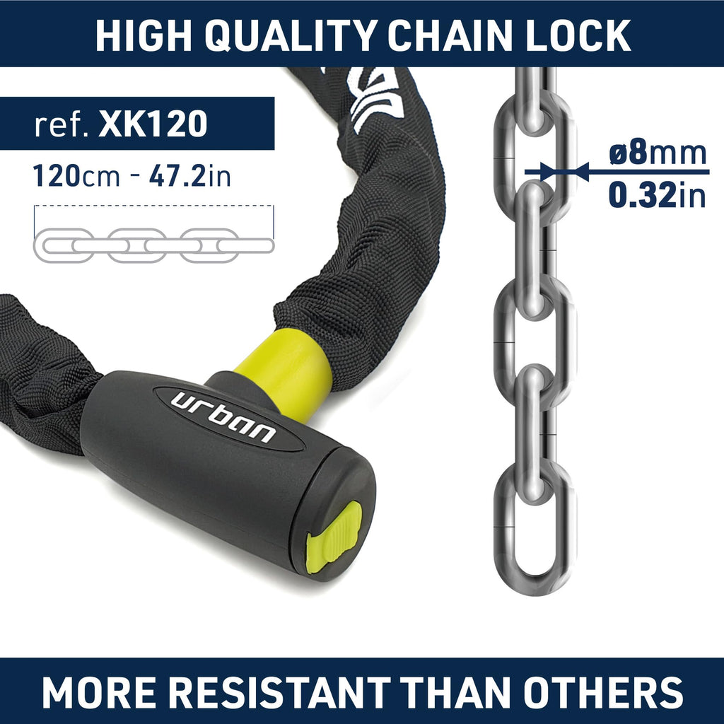 Urban Xk120 Bike Chain Lock, Anti-Theft Chain With Key, Motorcycle, Scooter And Bicycle Security Lock, Hardened Steel, 120 Cm, L