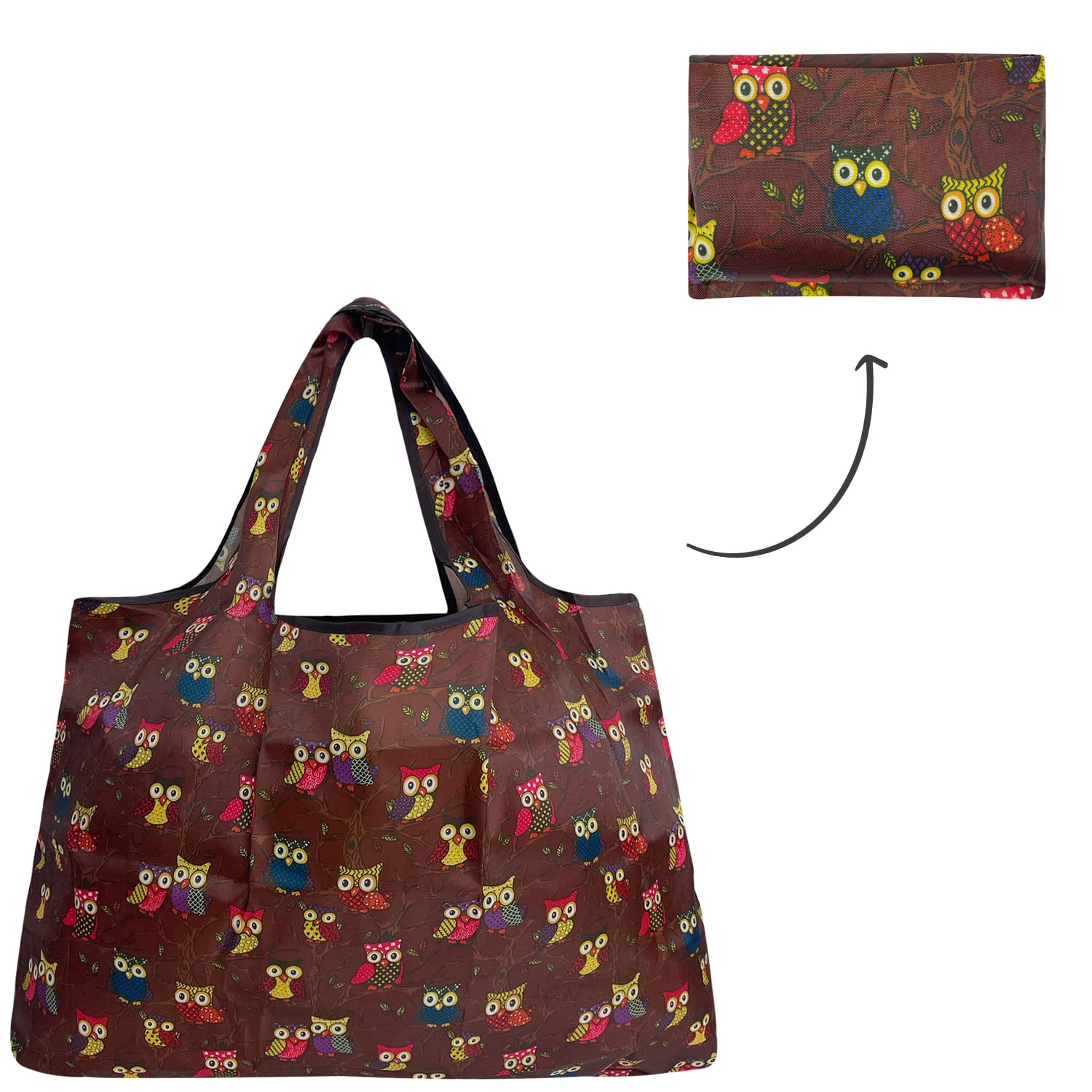 Allydrew Large Foldable Tote Nylon Reusable Grocery Bag, Owls Brown