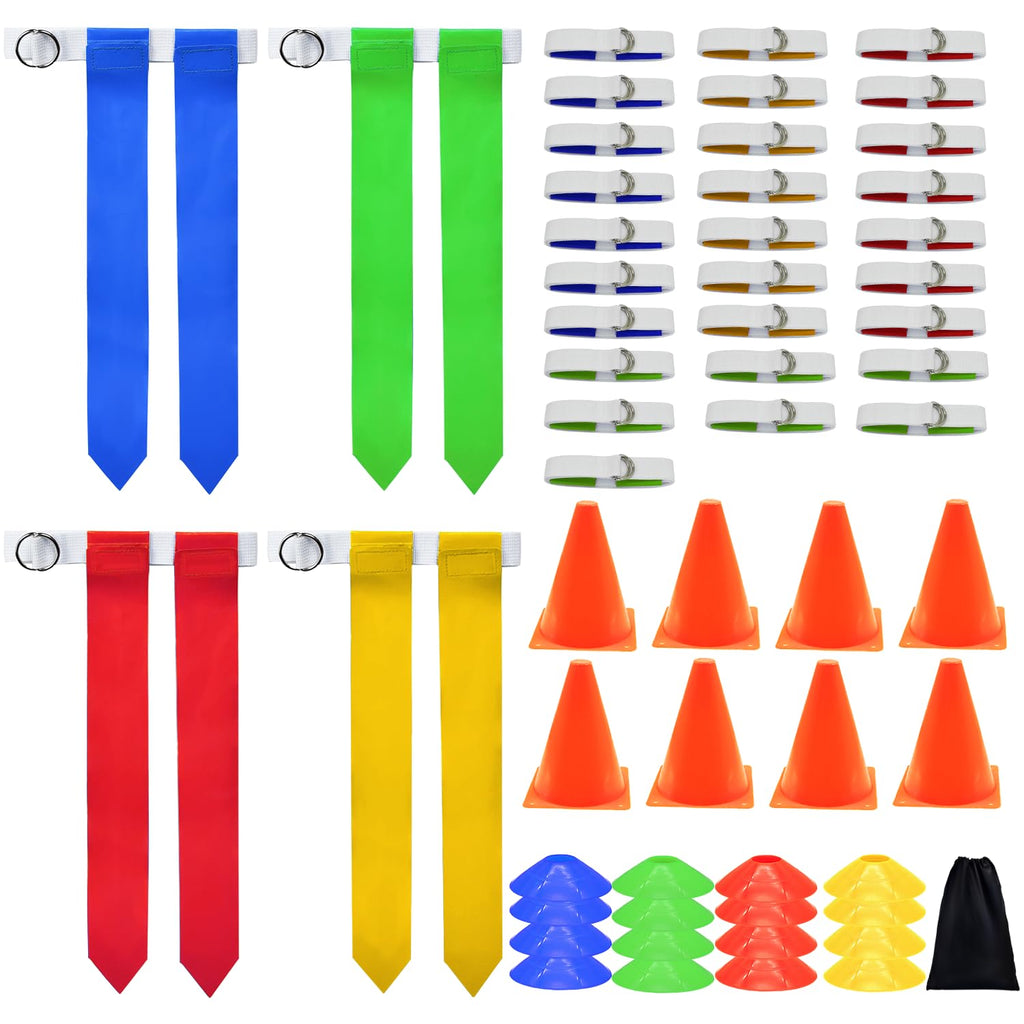 Flag Football Set, 28 Players Flag Football Belts & Flags Set, Includes 28 Belts, 56 Football Flags, 8 Cones And 16 Disc Cones (