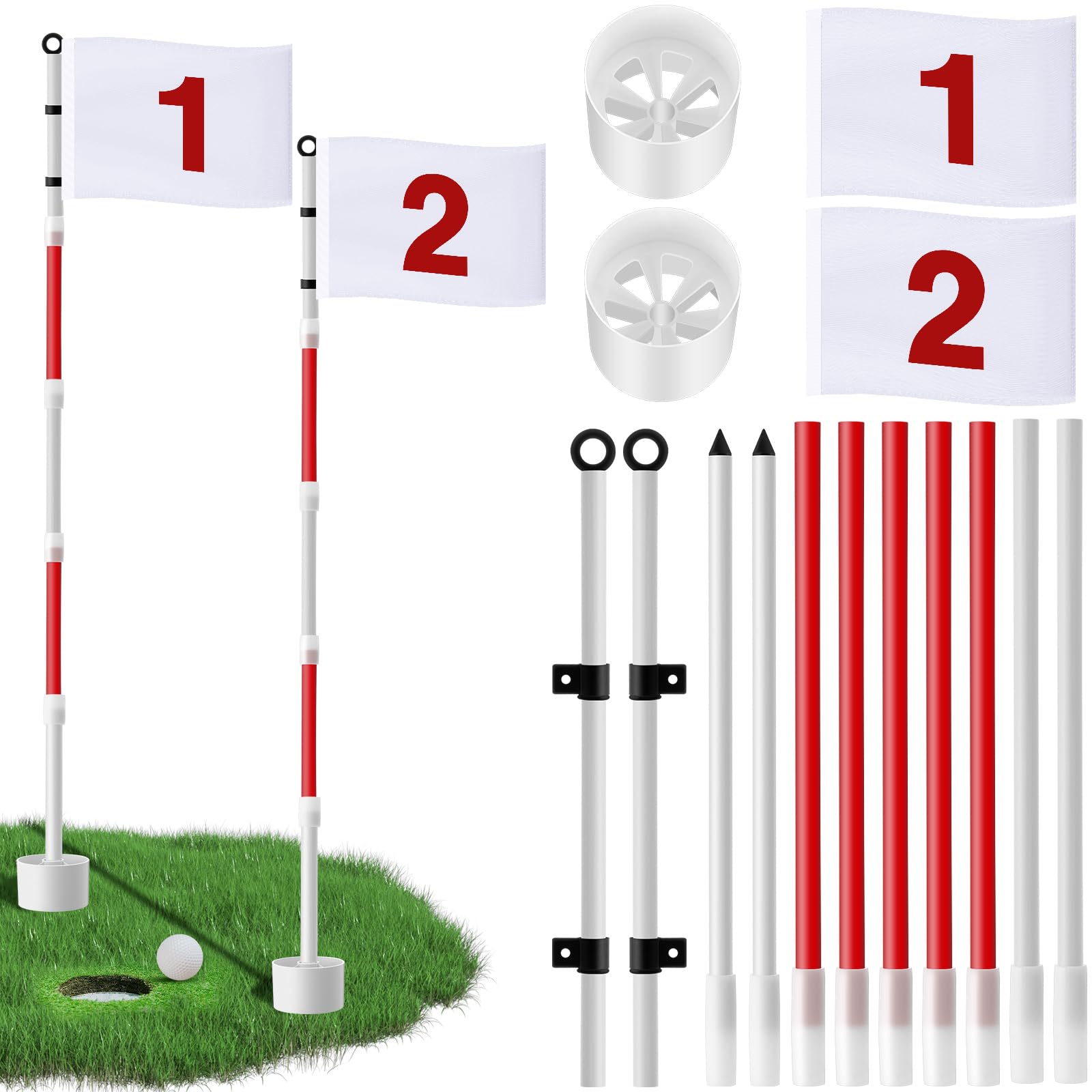 Burbell 2 Pack Golf Flag Stick 6ft Putting Green Flag Golf Hole Cup Pole Pin Numbered Flags for Driving Range Backyard Yard Putt