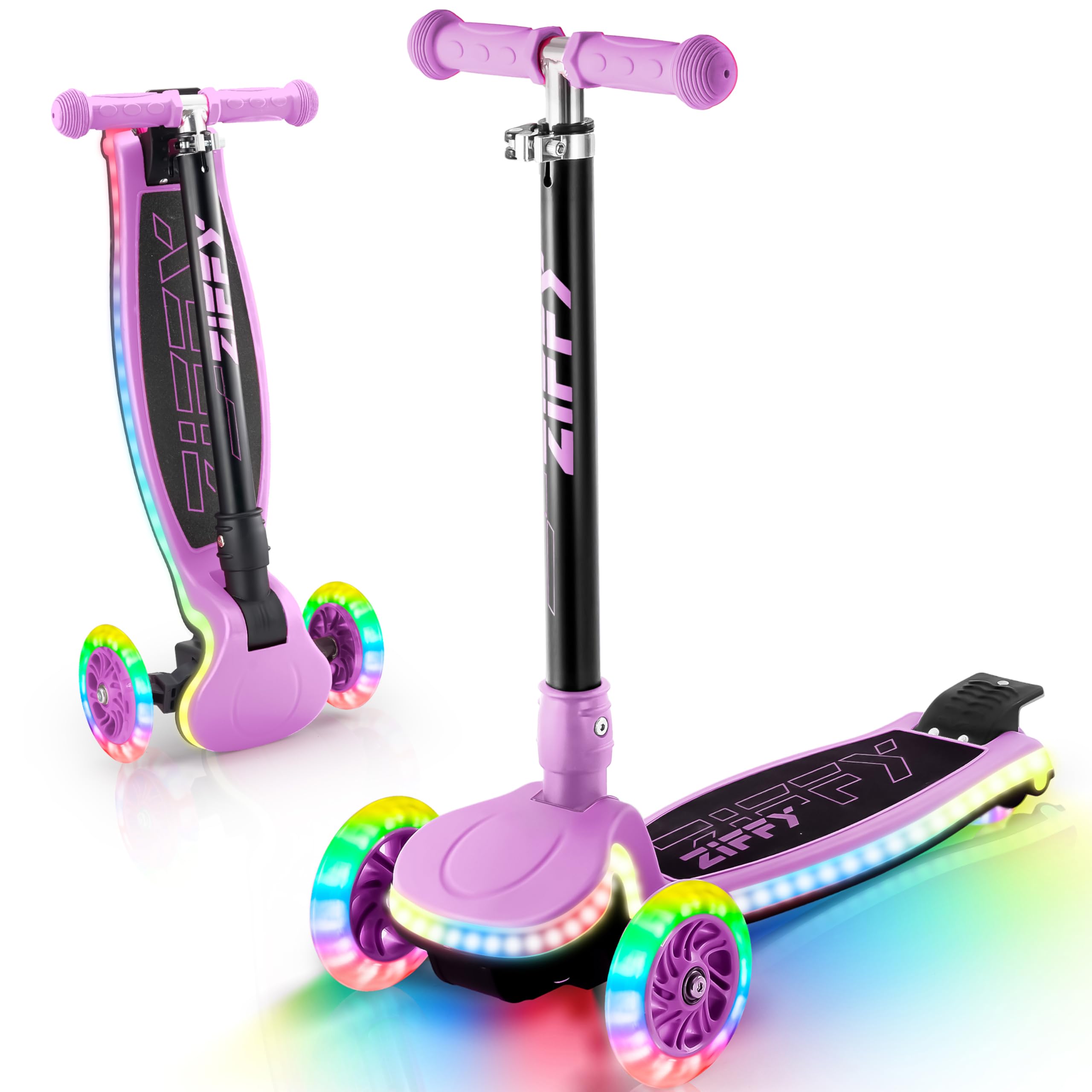 ZIFFY Kids Scooter for Boys & Girls - Features LED Light-Up Wheels, 4 Adjustable Height Handlebars, and Lean-to-Steer Design wit